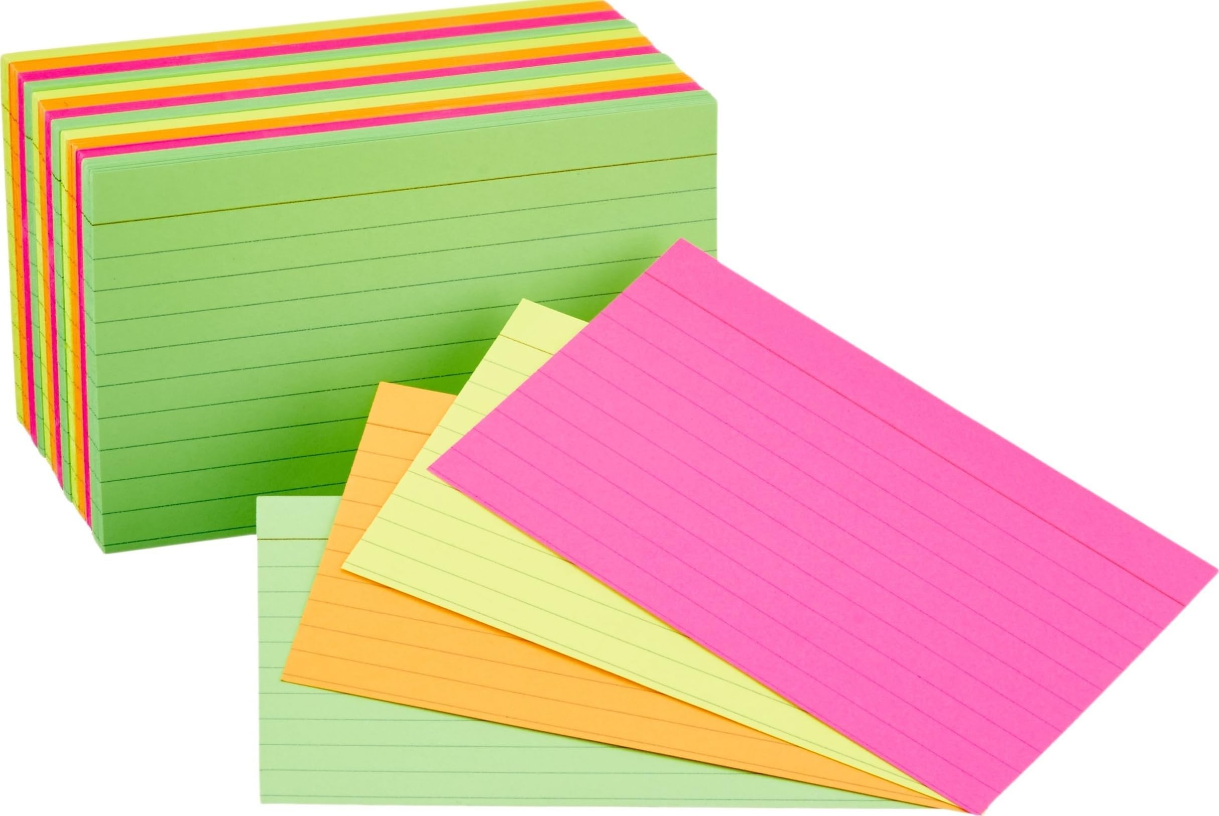 Amazon Basics Ruled Index Flash Cards for Studying and Note Taking, Color Coding, Assorted Neon Colors, 3" x 5", 300-Count