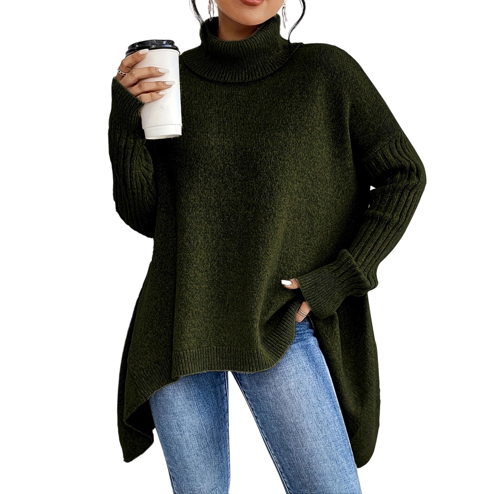 Womens Turtleneck Oversized Sweaters Long Batwing Sleeve Outfits High-Low Hem Tunic Pullover Tops Fall Clothes