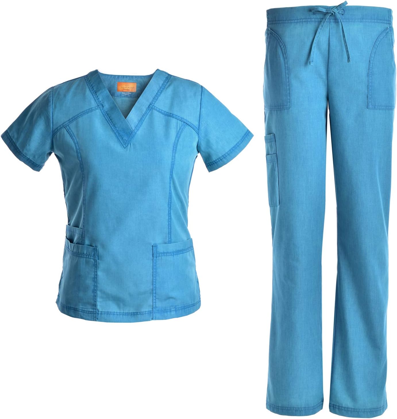 Jeanish V Neck Scrubs Set Superior Softness Washed Lady Women Scrubs Workwear Top and Pants JS1605 (CRB, S) Caribbean