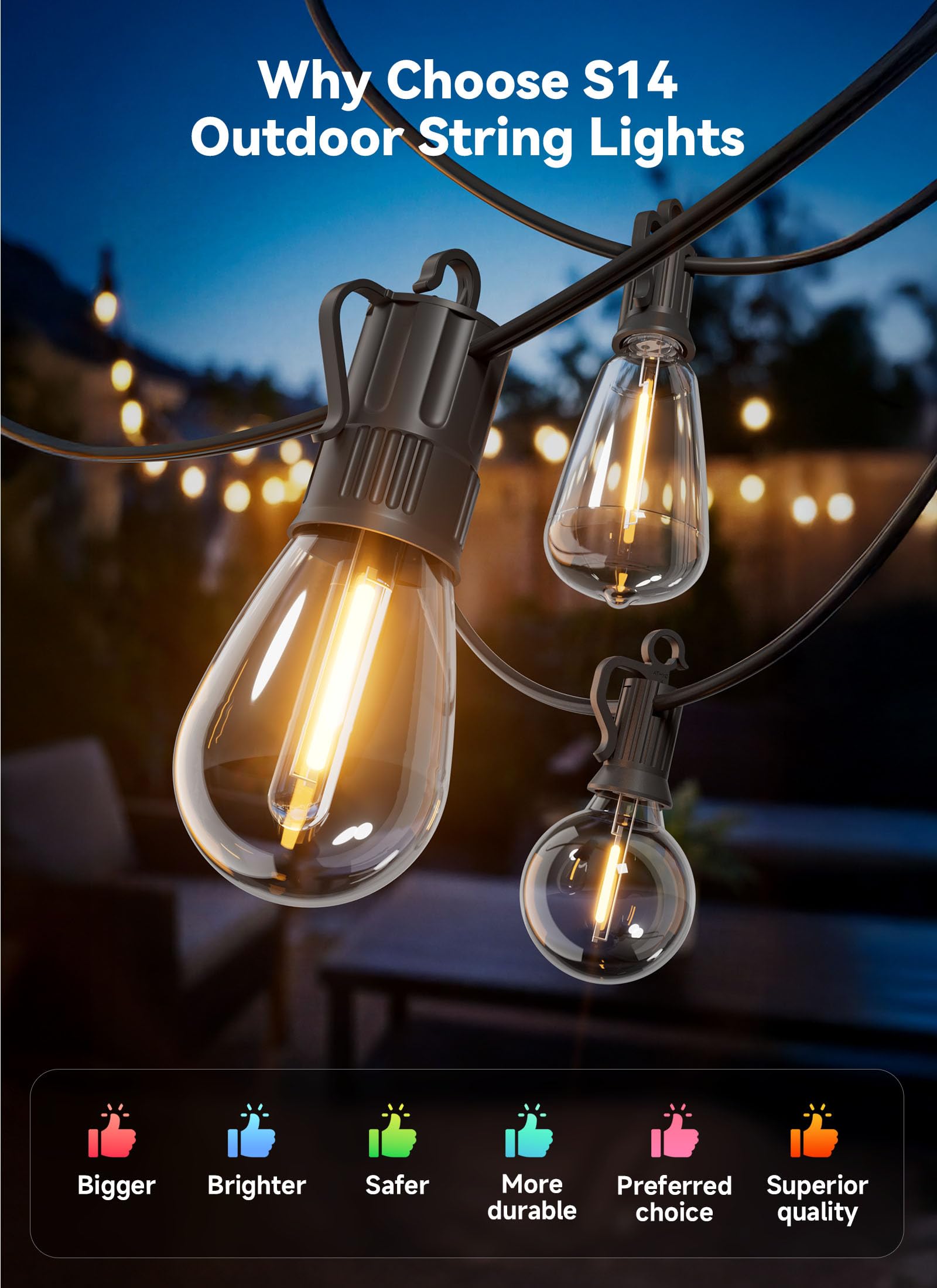 Minetom 101FT Outdoor-String-LED-Patio-Lights-Waterproof, 31Shatterproof S14 Vintage Edison Bulbs, Commercial Grade Outside Hanging Lights Waterproof for Porch Deck Garden Backyard Balcony Cafe Bistro - 3