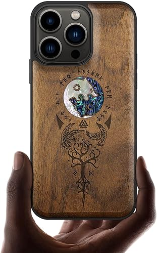 Carveit Funda protectora de madera de diseñador para iPhone 13 Pro, funda magnética grabado en madera e incrustaciones de concha Funda de madera
