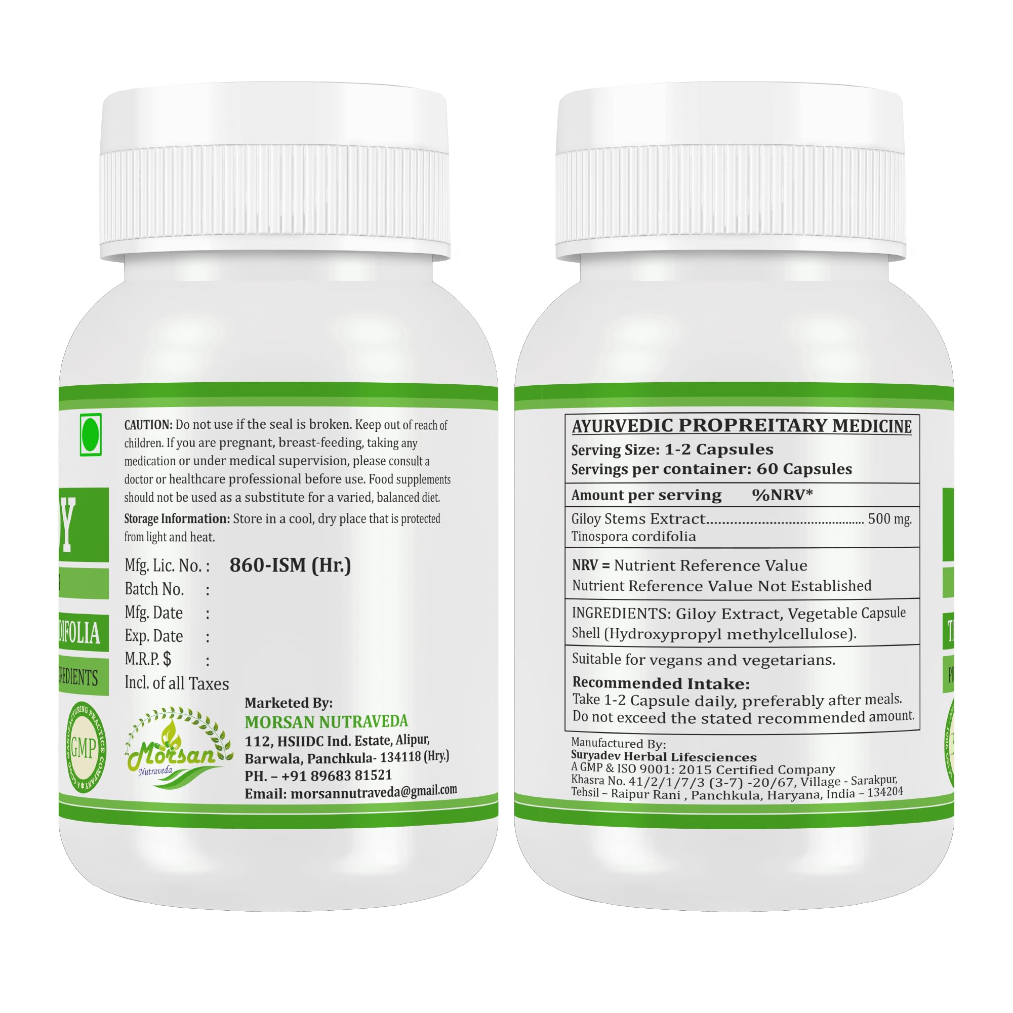 Giloy-Kapseln 500 mg. 60 Veganer. Einheiten | Guduchi (Tinospora Cordifolia) Extrakt-Kapseln für Männer und Frauen | Ayurvedische Kräuterergänzung/Heilmittel | 10:1 Stärke (2 Flasche mit 60 Kapseln)