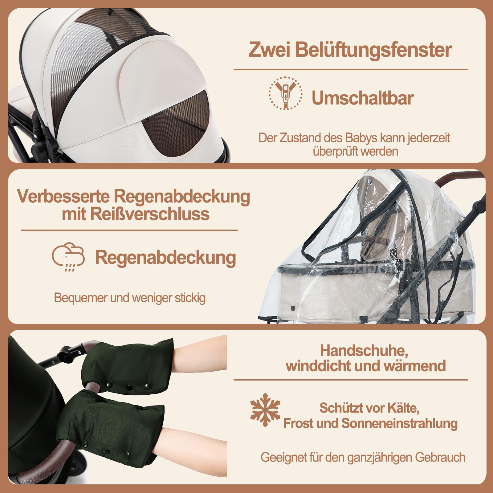 Zkiprm Poussette 3-en-1, Système de Voyage Avec Siège Auto, Accoudoirs Réglables, Habillage pluie, Moustiquaire, Châssis en aluminium, Landau à profil haut pour 0-4 ans