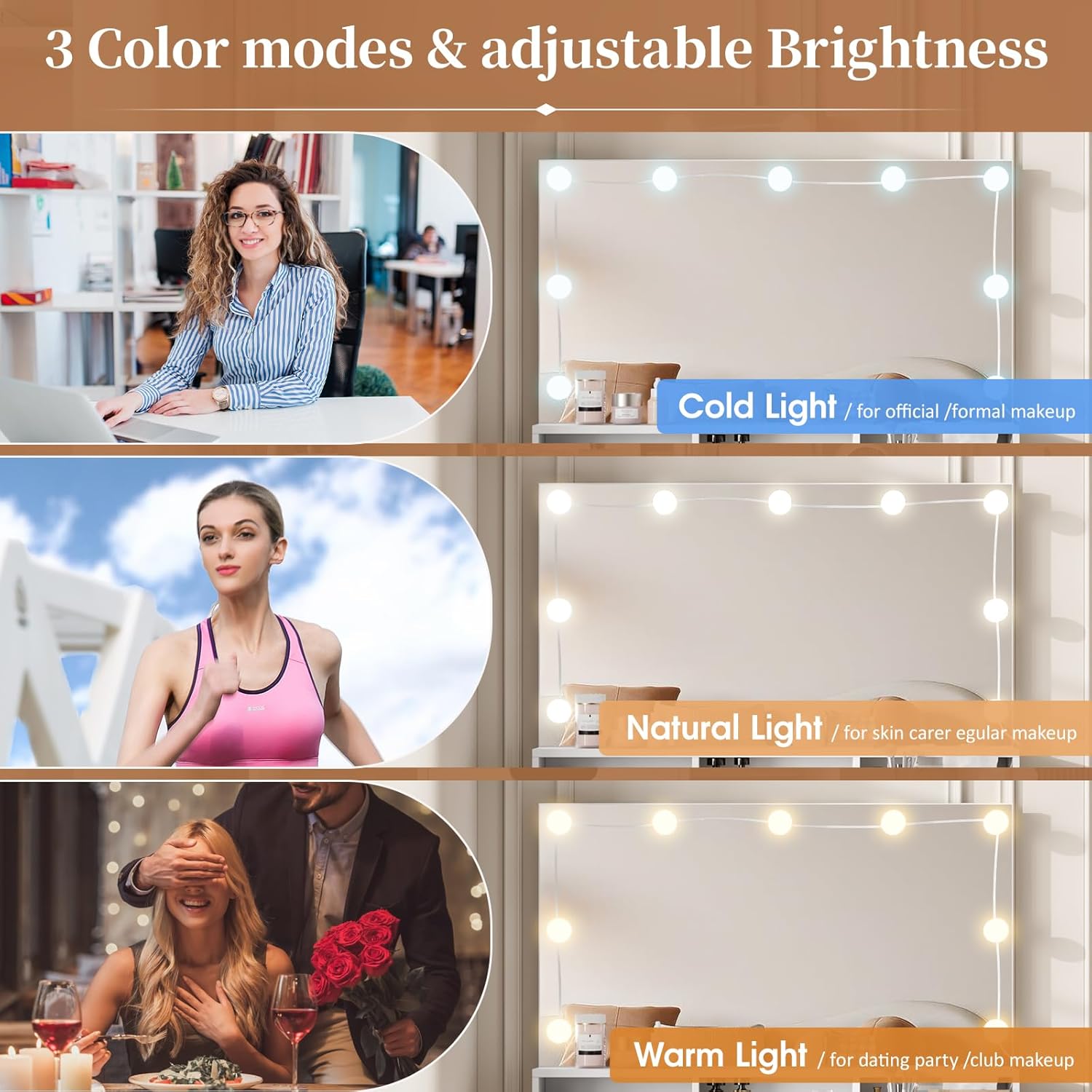 Vabches Vanity Desk with Mirror and Lights,Makeup Vanity with Storage Chair & Drawers,9 Hollywood Bulbs & 3 Lighting Modes,Dressing Table Set with Power Strip for Girls Bedroom,White