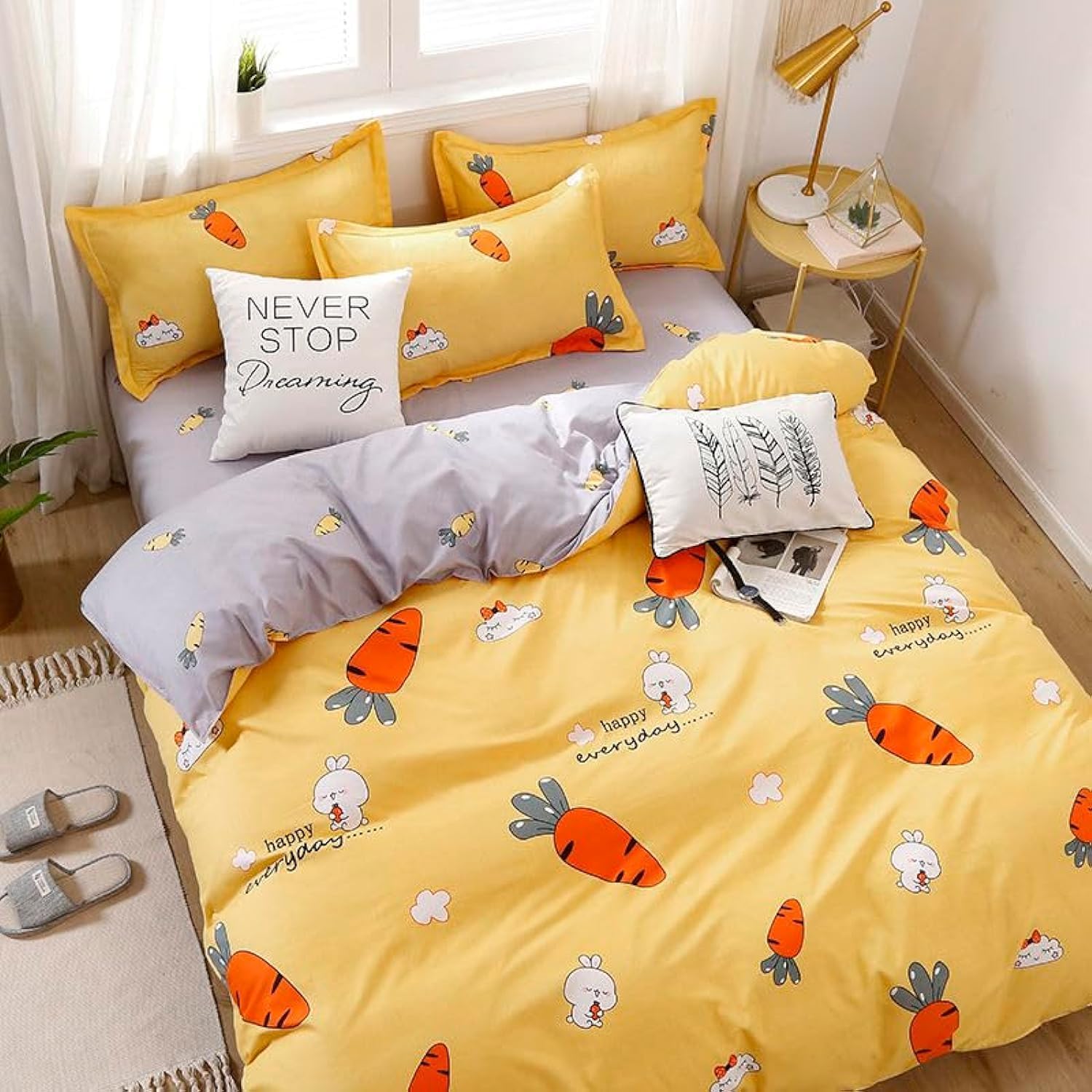 King Size 4-Piece Bedding Set – 100% Polyester Quilt Cover, Fitted/Flat Sheet, and Pillowcases (Happy Carrots, Fitted King Size Bedding Set)