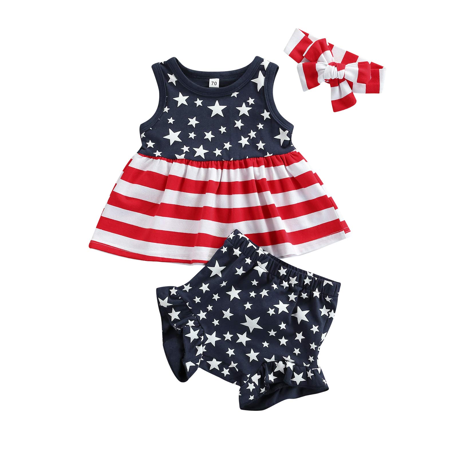 WASAIGOOD Newborn Baby Girls 3Pcs 4th of July Outfits Sleeveless Tank Tops Ruffles Shorts Clothes with Headband (red,6-12 Months,)