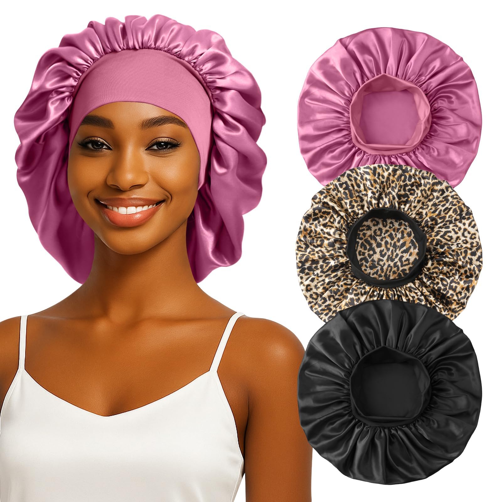 zhensilk 3pcs silk sleep bonnet for women, large satin hair caps with elastic band for curly hair and frizz control