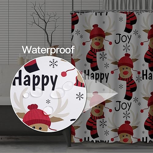 Miniatura 3 de Cortina de ducha de Navidad, lindo reno con sombrero y bufanda roja, cortina de baño de tela de poliéster impermeable, 72 x 72 pulgadas, juego con