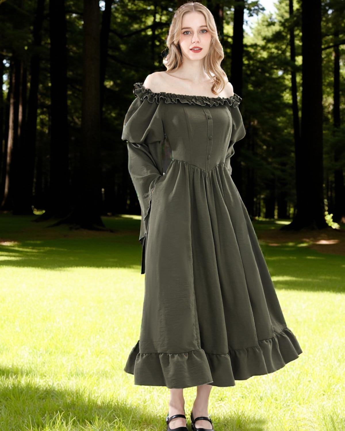 CR ROLECOS Renaissance Dress Women Green Medieval Costume Off Shoulder Ren Faire Victorian Pirate Dress