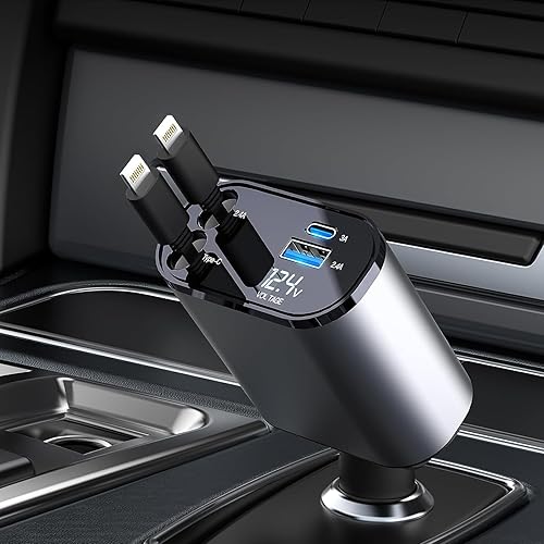 Kwak's Cargador retráctil para automóvil, cargador de teléfono USB C de 100 W, carga rápida de doble puerto para automóvil compatible con iPhone