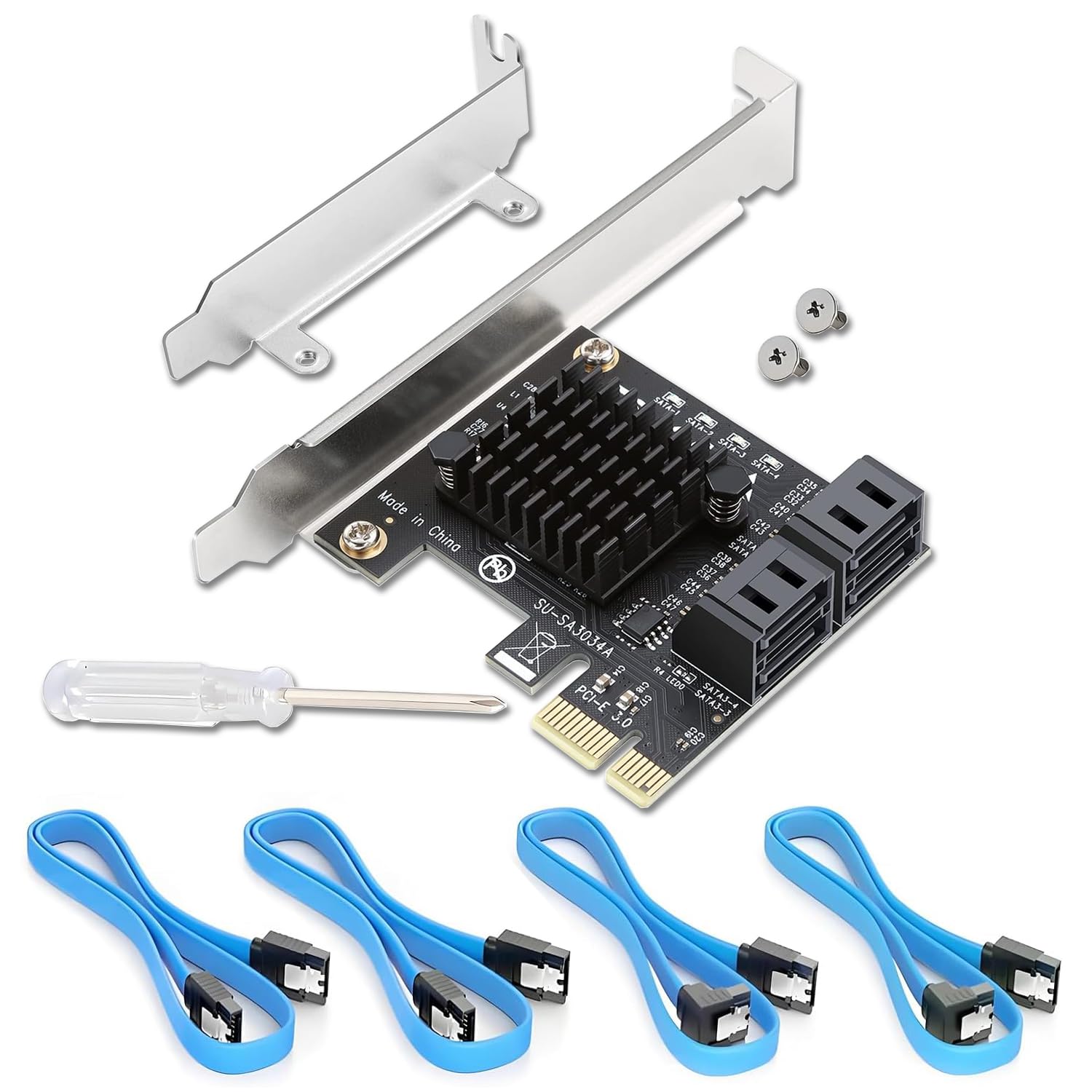 Tarjeta SATA de 4 puertos PCIe 3.0, sin conexión, Bootable - Plug & Play - Añade 4 unidades SATA III de 6 Gbps a tu PC - Chip ASM1064 - Incluye cables y soporte bajo perfil