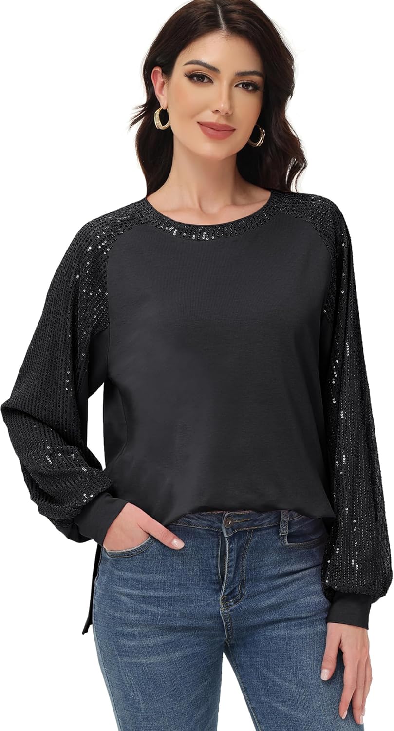 Anna-Kaci Women's Casual Long Sleeve Sequin Blouse Shirts Loose Glitter Sparkly Top Party - Image 3