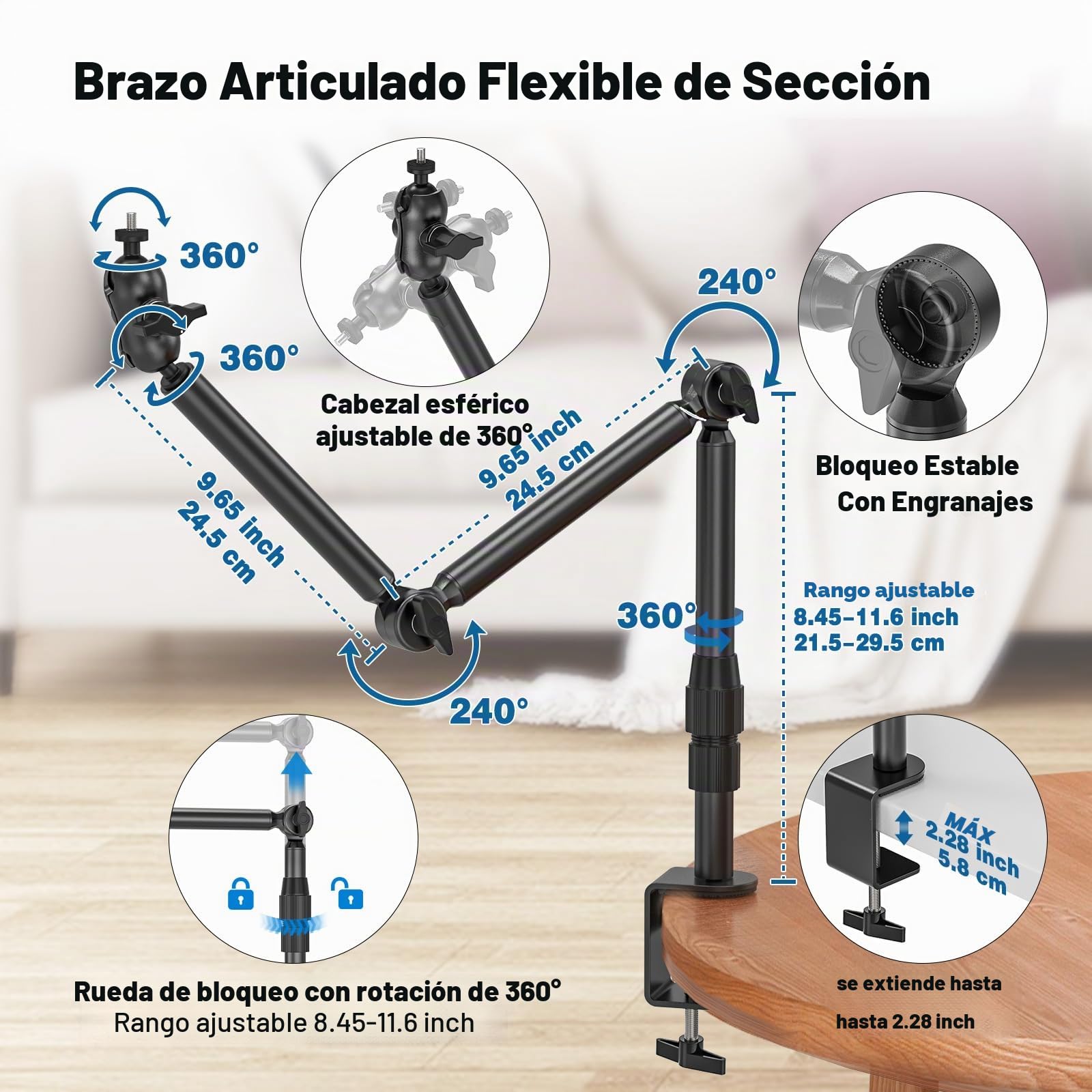 Soporte de cámara de escritorio superior, soporte de montaje para cámara web de 31 pulgadas con tornillos de 1/4 pulgadas, abrazadera C ajustable de 360° para cámaras DSLR, luz de anillo,