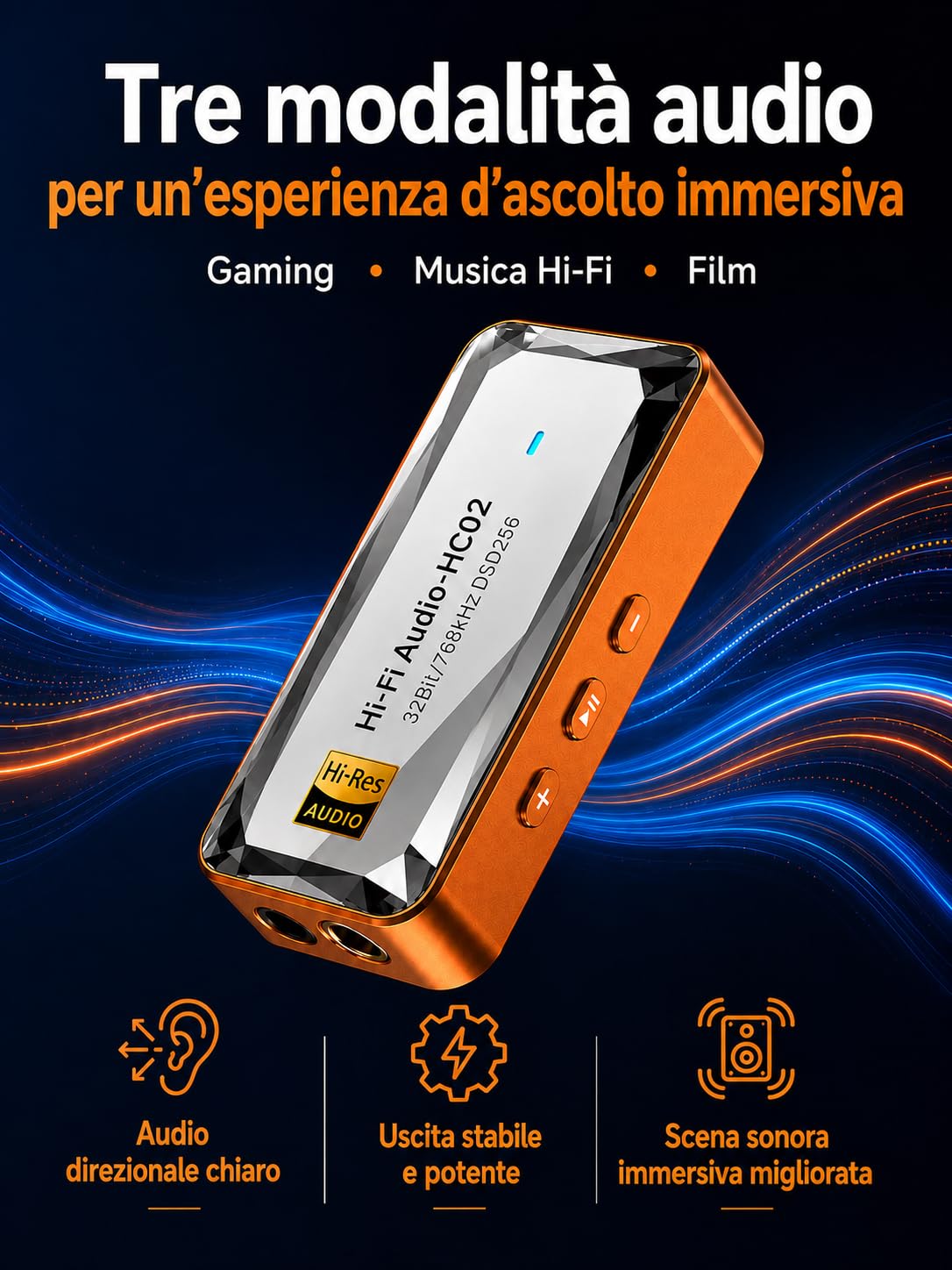 DAC USB C Amplificatore per Cuffie, Dongle DAC Portatile CS43198, Jack 3,5 mm e 4,4 mm, Hi-RES 32 bit/768 kHz, DSD256, Scheda Audio Esterna per IEM, Smartphone, Tablet e PC, Arancione