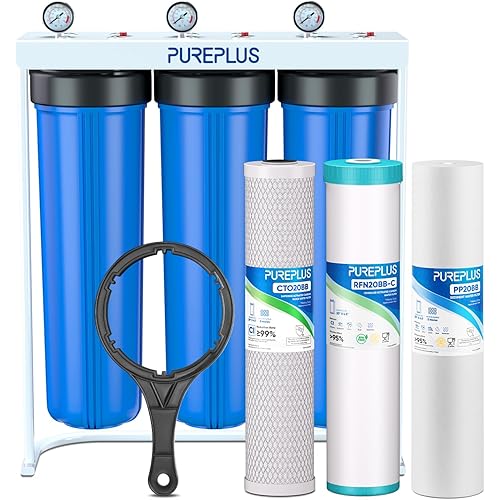 PUREPLUS 20-Inch 3-Stage Whole House Water Filter, Home Filtration System | Sediment, Granular Activated Carbon, Carbon Block Filters | Built-in Pressure Gauges, with Steel Stand Frame