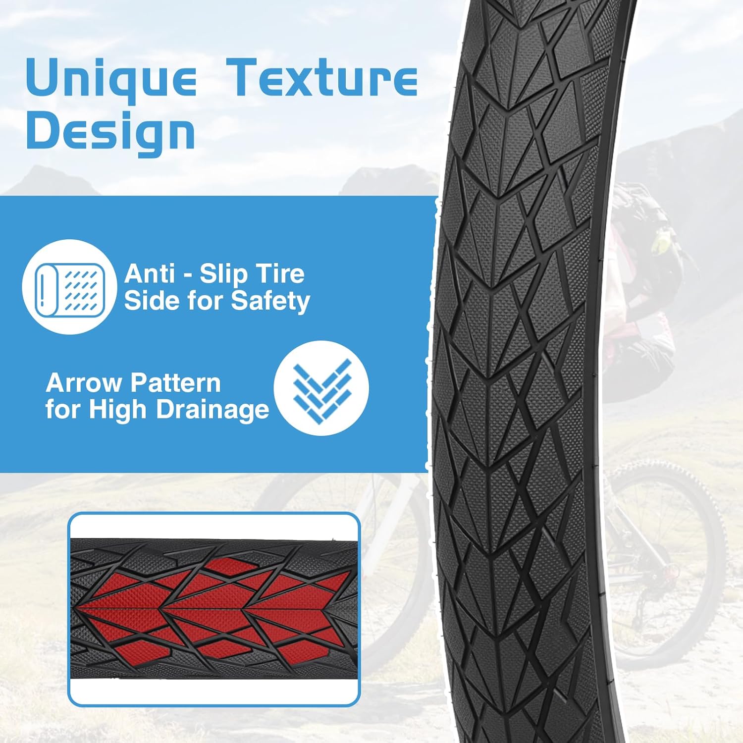 MEGHNA Bike Tire 20/24/26/27.5 inch Foldable Replacement Cruiser Bike Tire Mountain Bike Groove Anti-Slip with Tire Lever for Kids Hybrid Bike