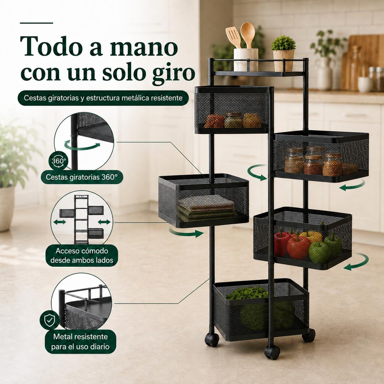 UZIRO Carrito Auxiliar con Ruedas, Verdulero Cocina 90 x 27 x 27 cm con 5 Cestas Giratorias, Ruedas 360° con Bloqueo, Capacidad de Carga de 75 kg, Carrito Organizador, Frutero con Ruedas