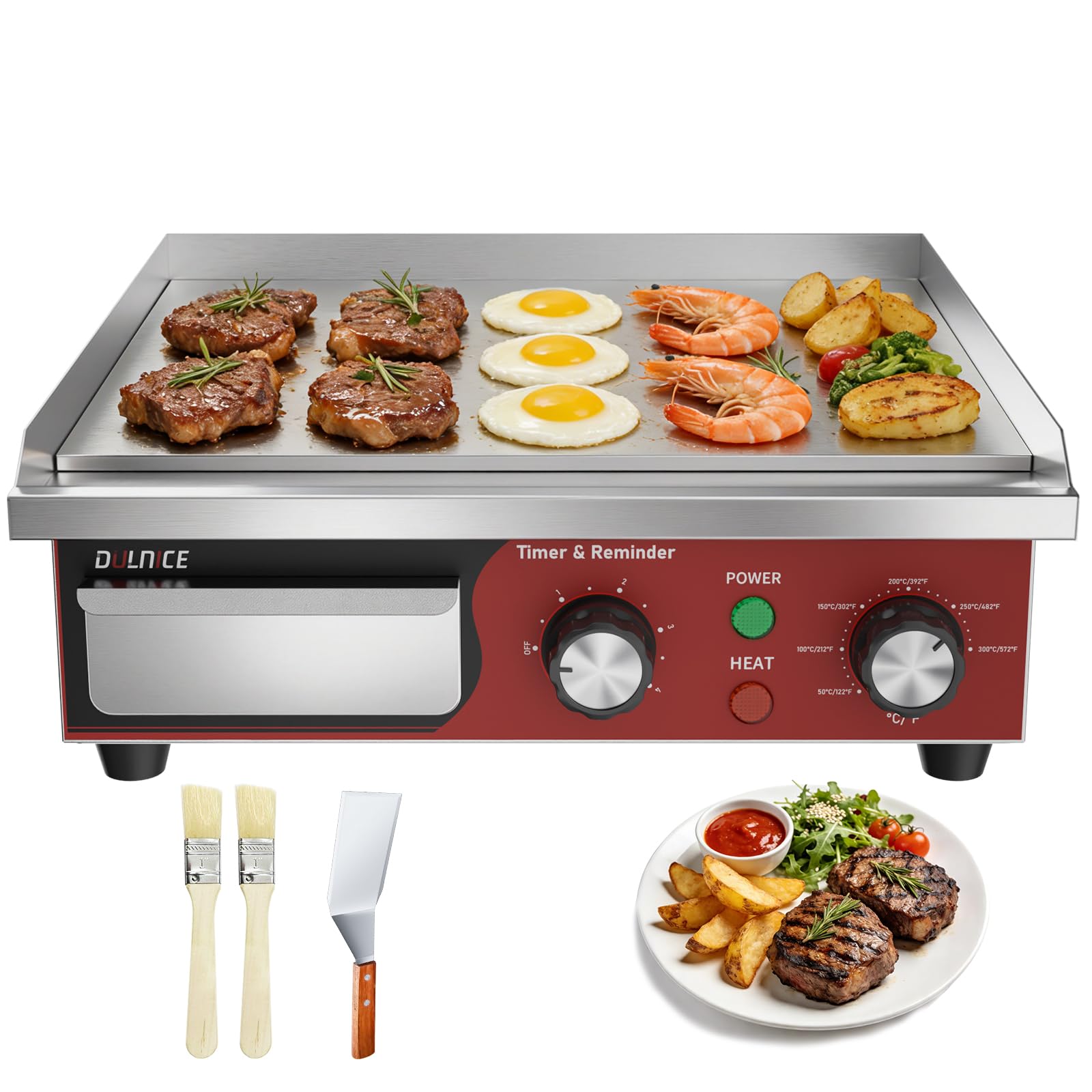 Plancha Électrique Professionnelle Inox 36cm, avec Minuterie 5min | 1700W Commerciale Plancha de Cuisson Grill Électrique, Thermostat Réglable 50-300°C, Grill de Table pour Restaurant et Maison