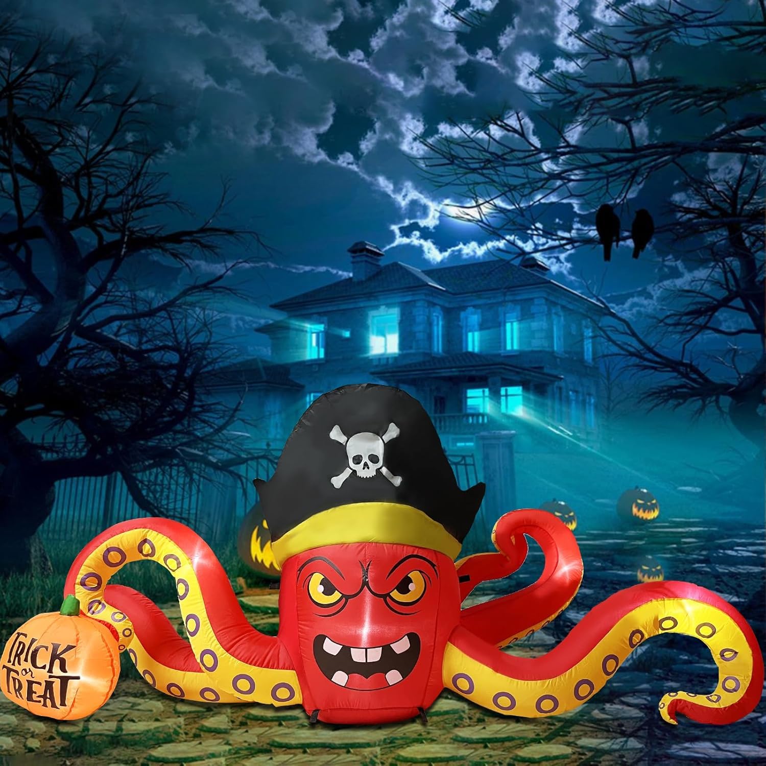 ZXSWONLY 2,3 m großer aufblasbarer Piratenoktopus für Halloween, Grusel-Oktopus mit Kürbis, aufblasbare Halloween-Dekoration mit integrierten LEDs für Garten, Terrasse und Halloween-Party