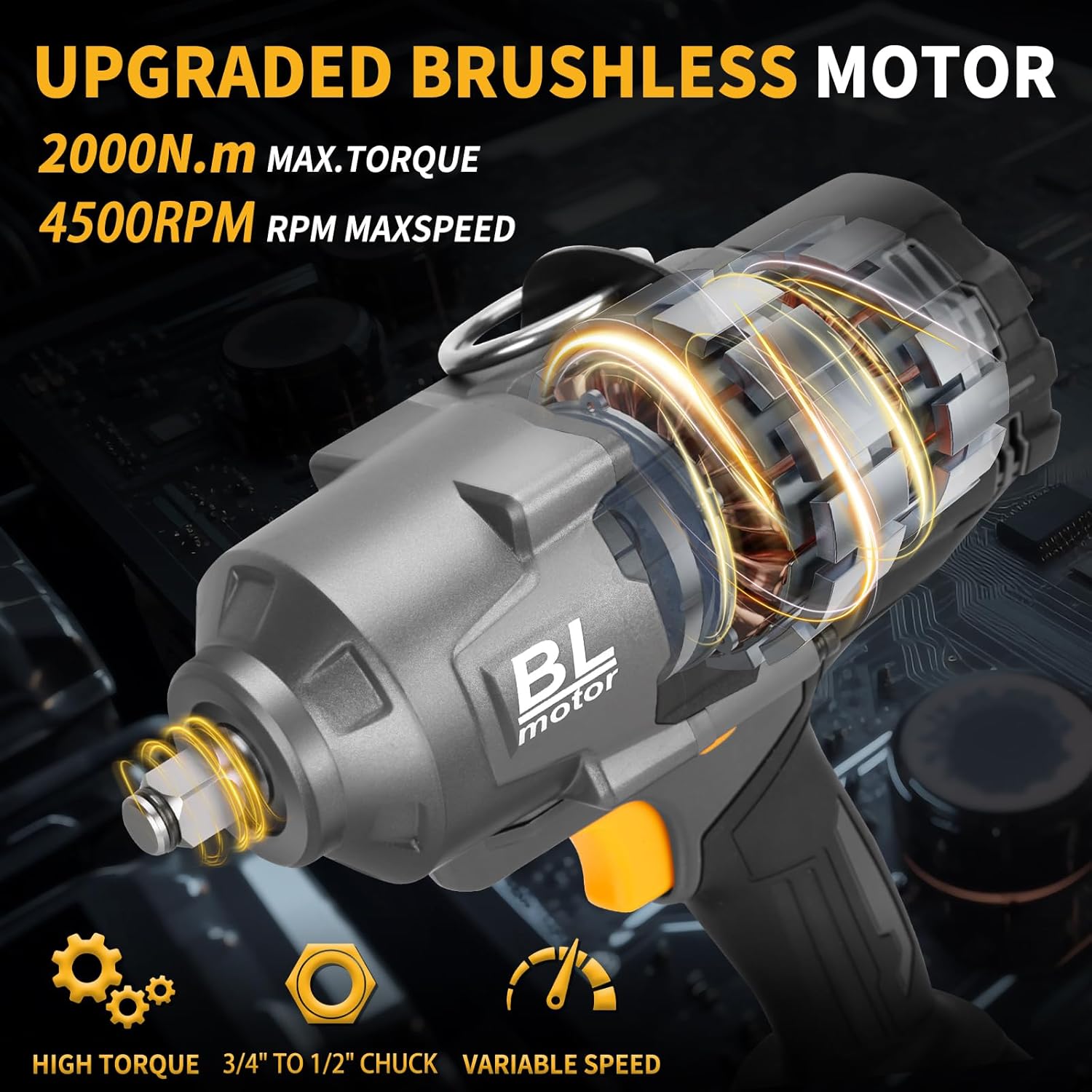 1500Ft-lbs 1/2" Cordless Impact Gun, 2000Nm Impact Wrench with 2 x 6.0Ah Battery & 5 Socket, 21V Brushless High Torque Electric Pistolas de Impacto, Llave de Impacto for Heavy Truck Mower - Image 3
