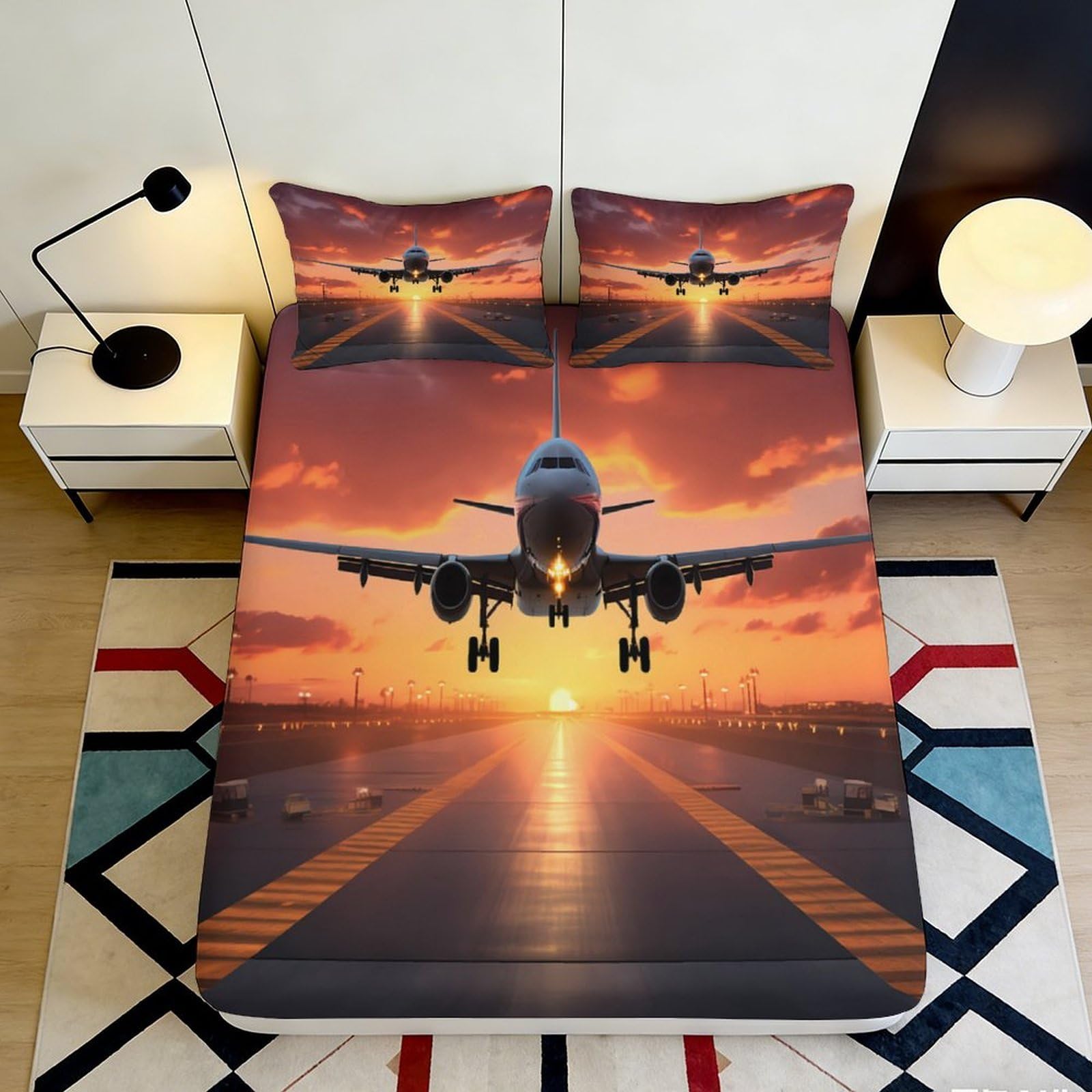 3D Printed Sunset Runway Fitted Sheet Microfiber Breathable Airplane Mattress Cover for Bedroom Guest Room Decor 90x200x25cm
