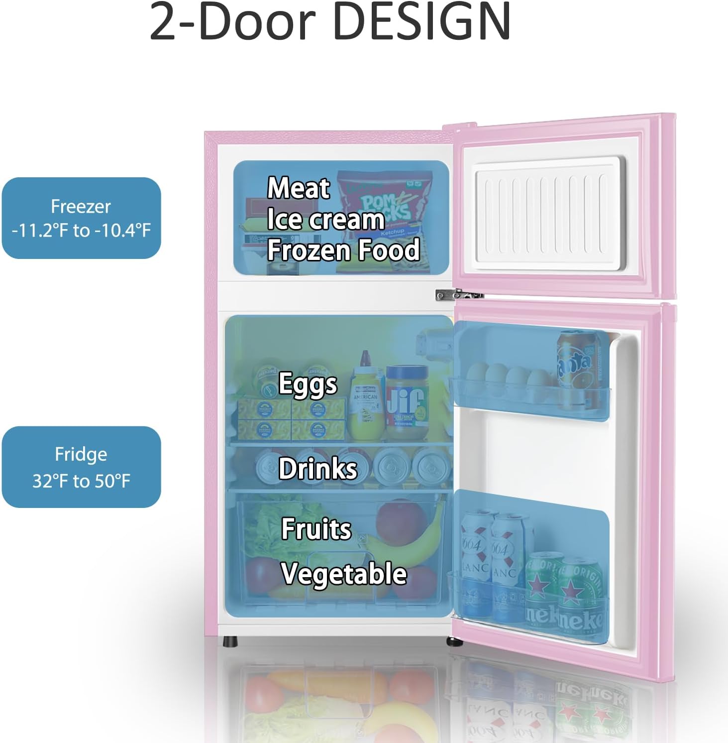 Interior view of the mini fridge showing freezer and refrigerator compartments with food items