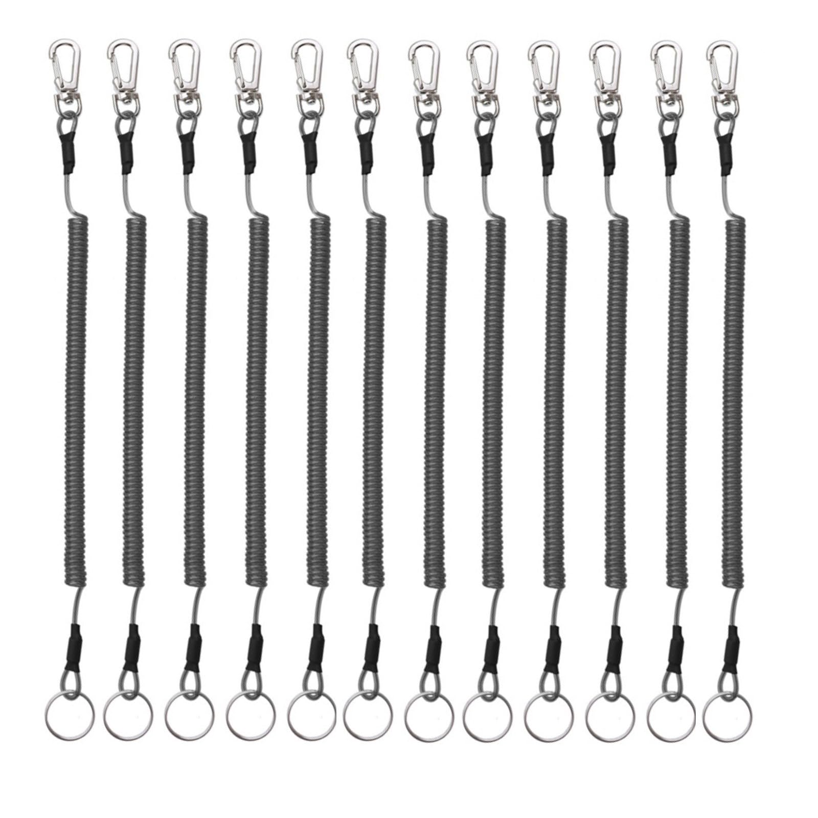 12PCS Fishing Lanyard, Keychain Stretchy Retractable Coiled Lanyard Multifunctional For Pliers, Boating, Keys, Hiking Climbing Cycling Fishing-Grey