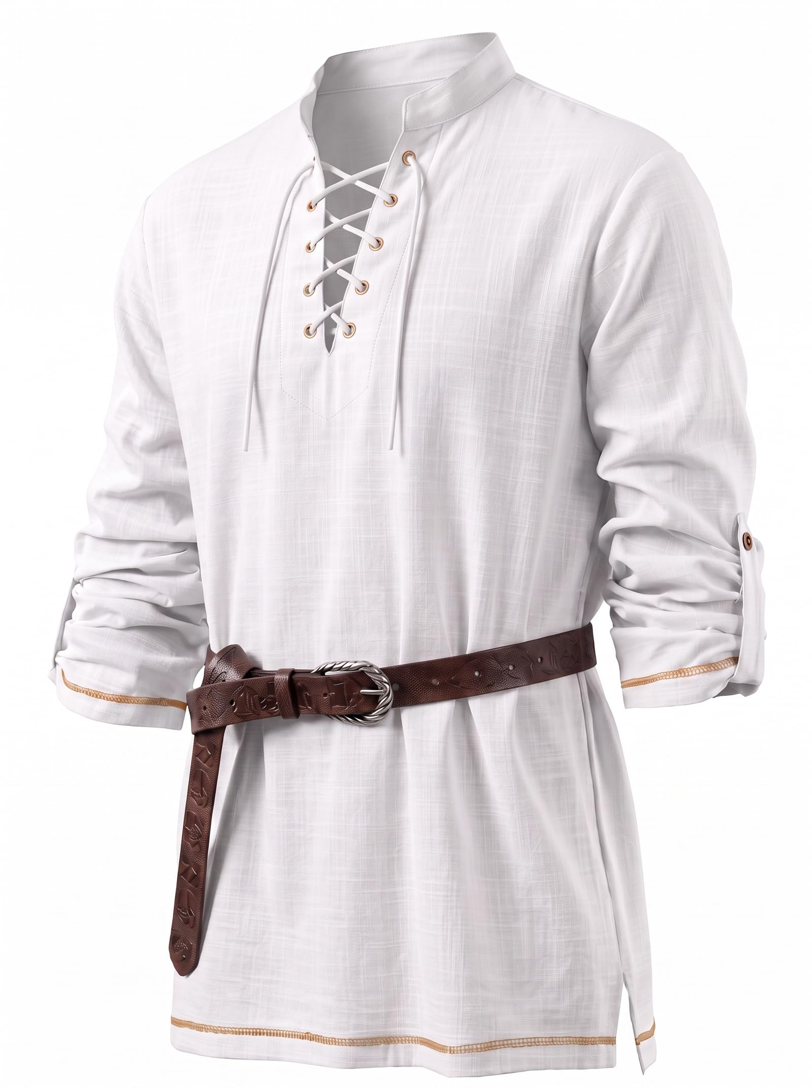 CTU Men's Medieval Pirate Viking Stand Collar Shirt White 4XL