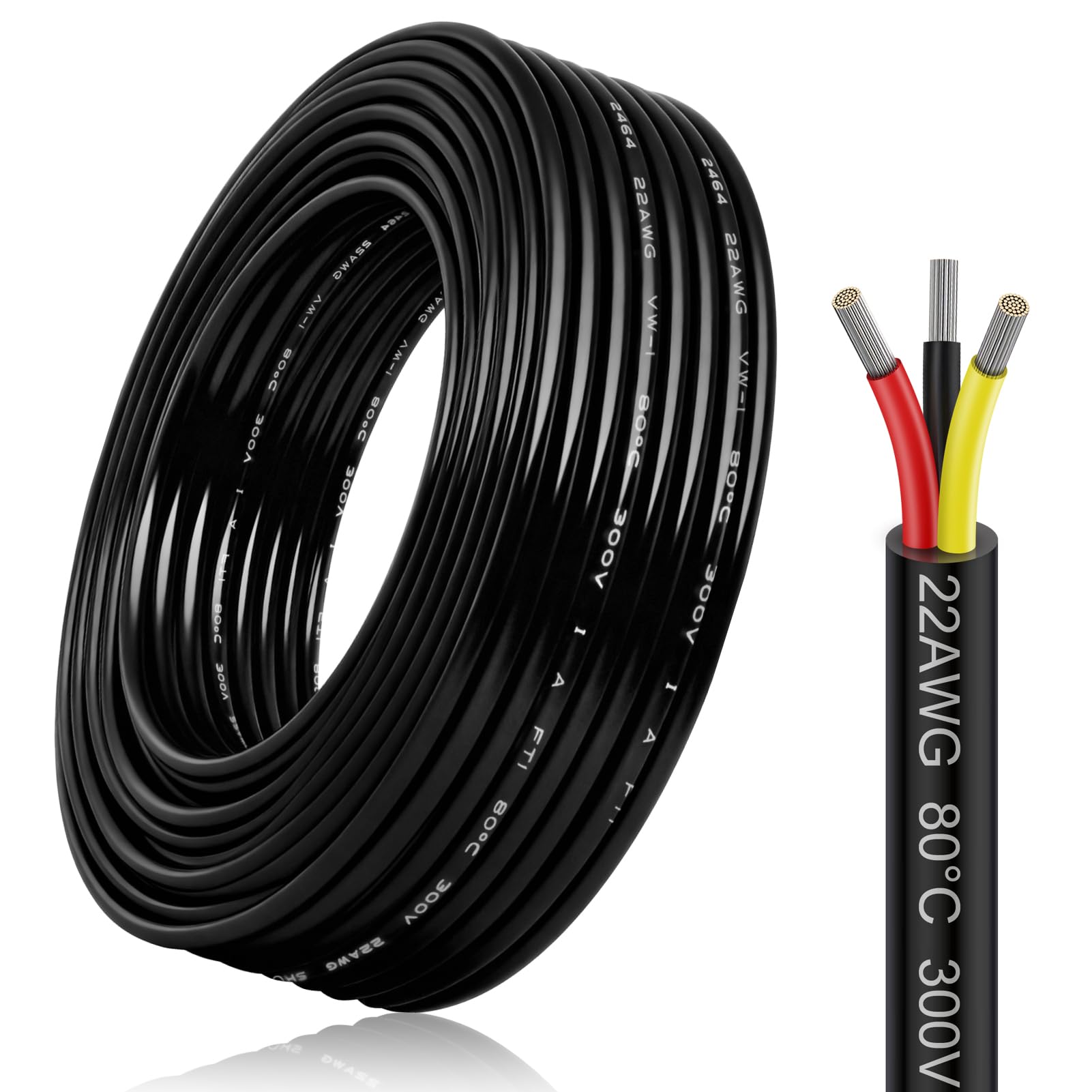 10M/32.8ft 22 Gauge Electrical Wire 3x0.3mm², 3 Core Conductor Extension Cable, 22 AWG Flexible Low Voltage Tinned Copper Wire,Black Reel Cable