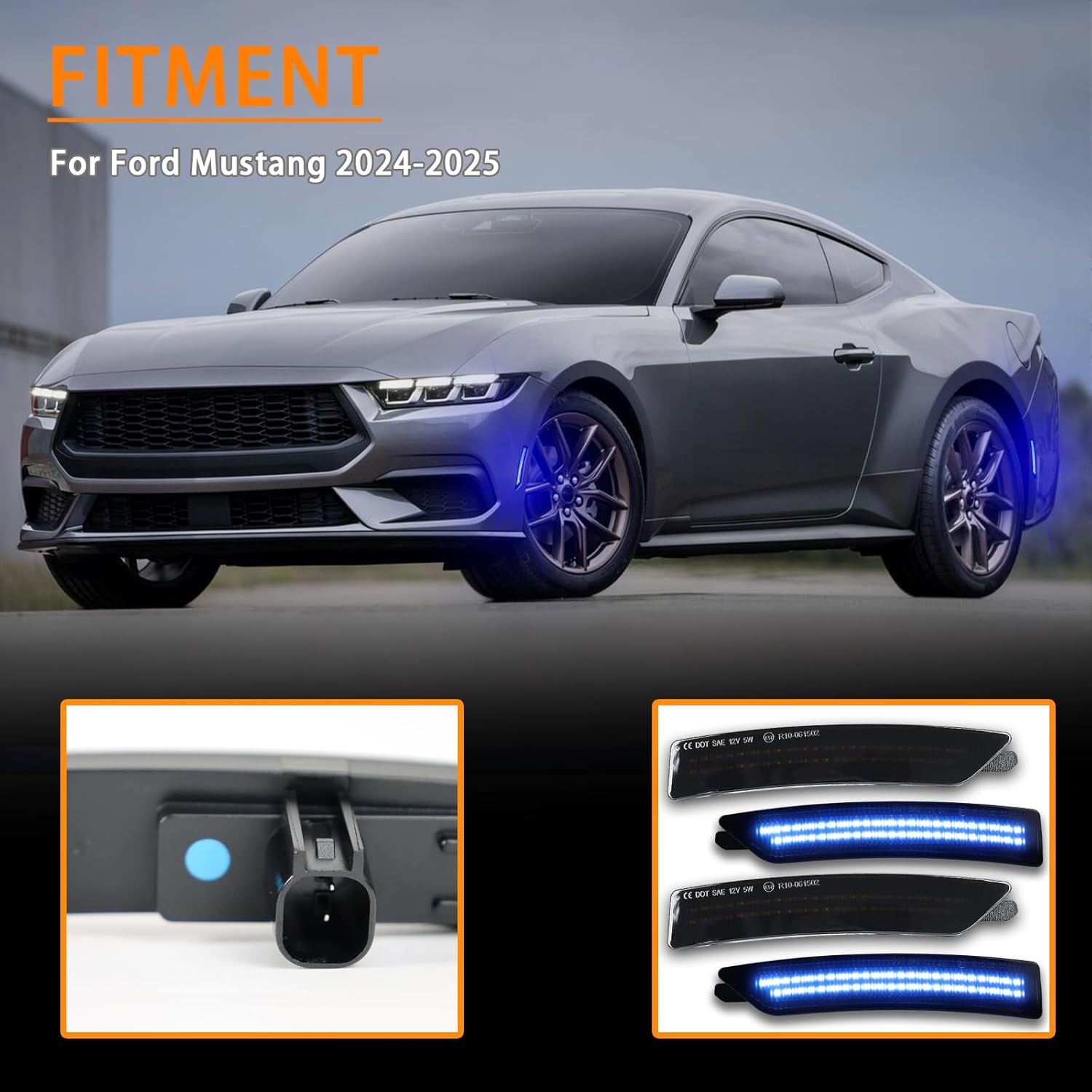 LED Front & Rear Fender LED Side Marker Lights Kit for Ford Mustang S650, Replacement for Mustang Gen7 2024 2025,Smoked Lens Side Bumper Marker Lamps,Fender Lamps,4pcs (Blue)