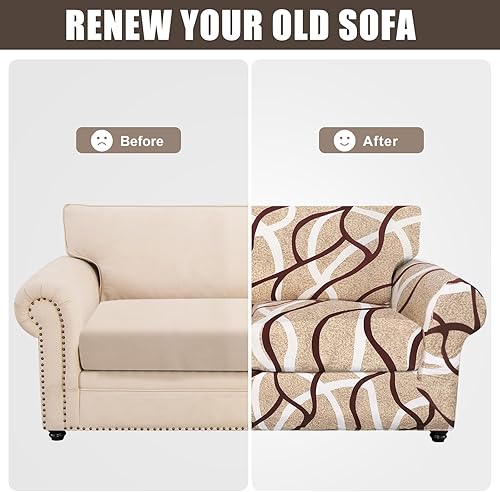 Miniatura 7 de SearchI Funda elástica para sofá de 3 piezas, con estampado floral, con 2 fundas de cojín separadas, protector de muebles lavable para sala de estar