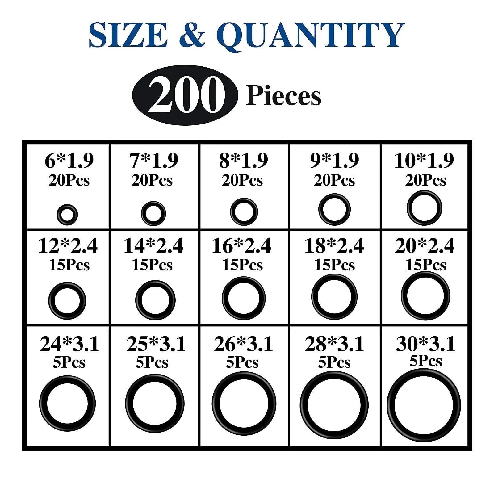 200/225 pz Confezione Guarnizioni O-Ring in Gomma Set di guarnizioni O-Ring in gomma nitrilica Set di guarnizioni for rubinetti NBR O Set di anelli in gomma,Materiale Affidabile(200pcs)