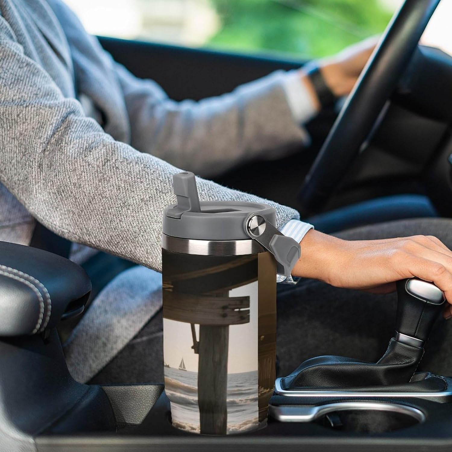 30 Oz Insulated Mug with Handle Lid And Straw Afternoon at The Beach Pattern Large Metal Sports Bottle Great for Gifts Parties Office Coffee