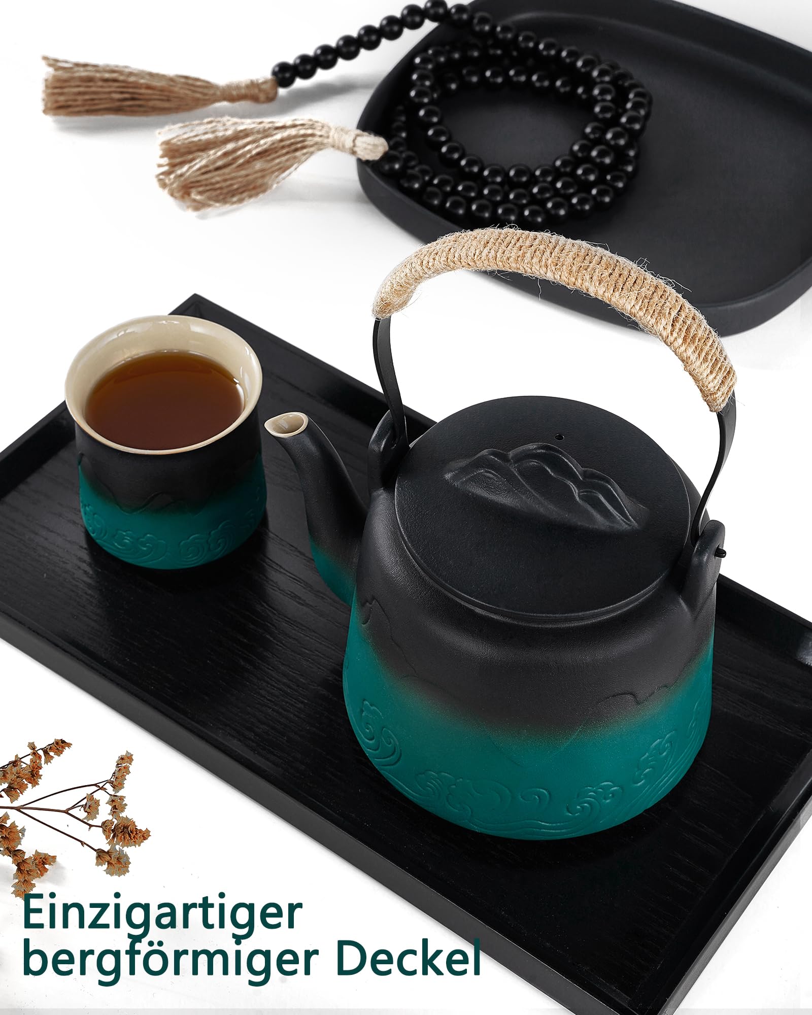 ZENS Design Japanische Teeservice,1000ml Gradienten Geprägtem Japanische Teekanne mit 4 Tassen Set, Hanfseilgriff Teeset mit Eingebautes Sieb für Weißer Losen Tee Steeper, Schwarz & Grüner