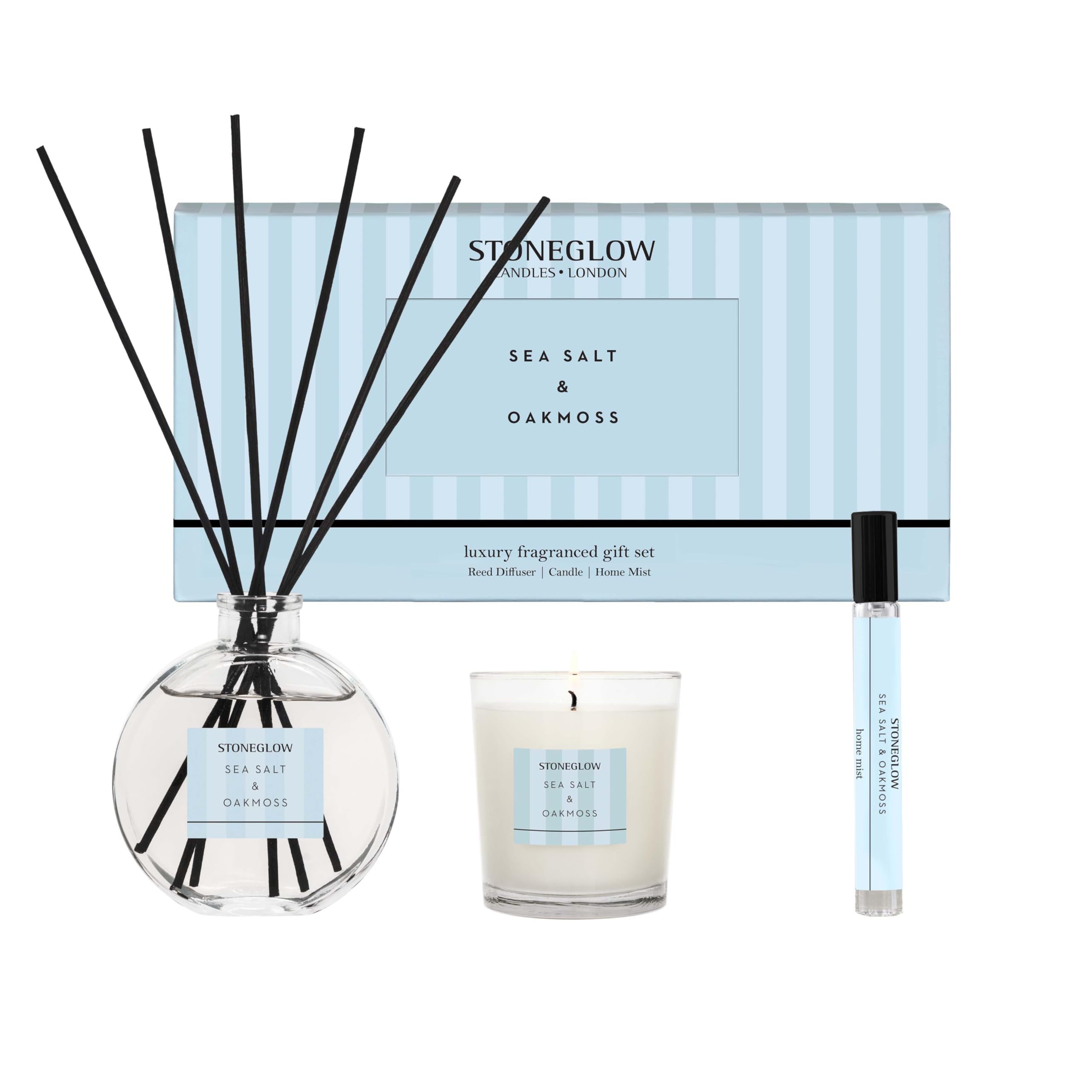 Stoneglow Modern Classics - Sea Salt & Oakmoss - Gift Set - 75g Votive, 120ml Diffuser, 15ml Home Mist