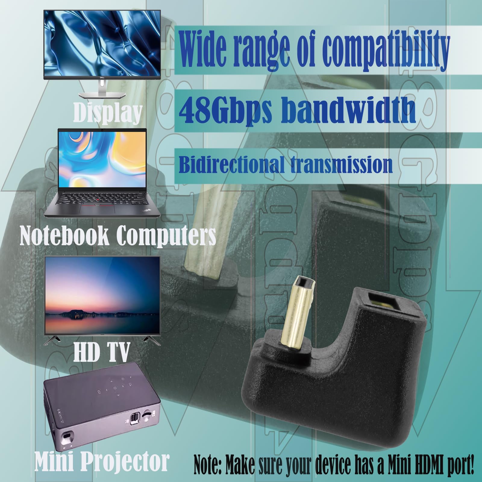 Mini prolunga HDMI ad angolo verso il basso, adattatore mini HDMI a forma di U a 180 gradi 8K, convertitore mini HDMI UHD2.1 da maschio a femmina, supporta trasmissione bidirezionale 48 Gbps