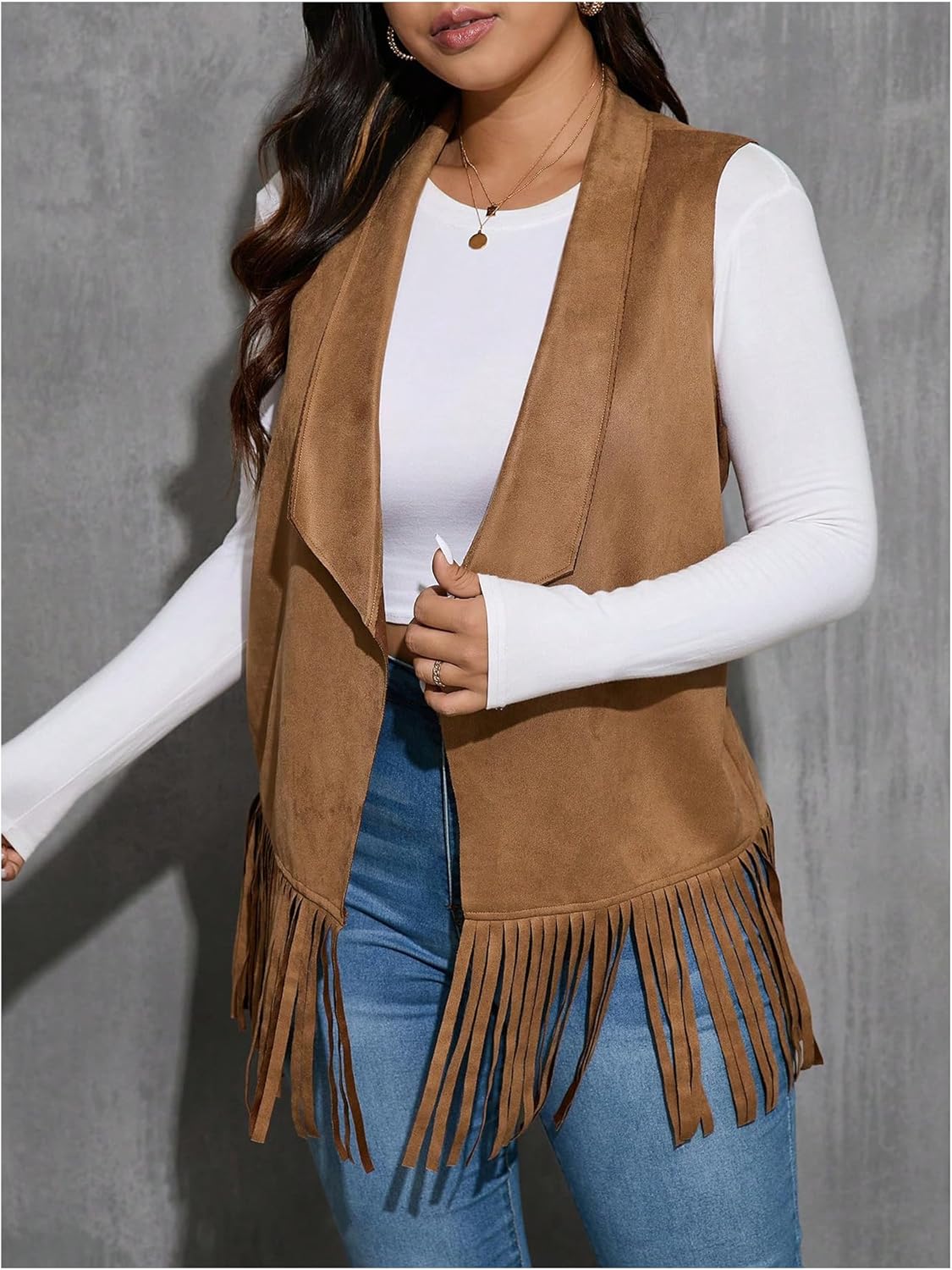 Women's Plus Size Fringe Suede Vest 70s Hippie Faux Western Jacket Tassel Sleeveless Cardigan - Image 6