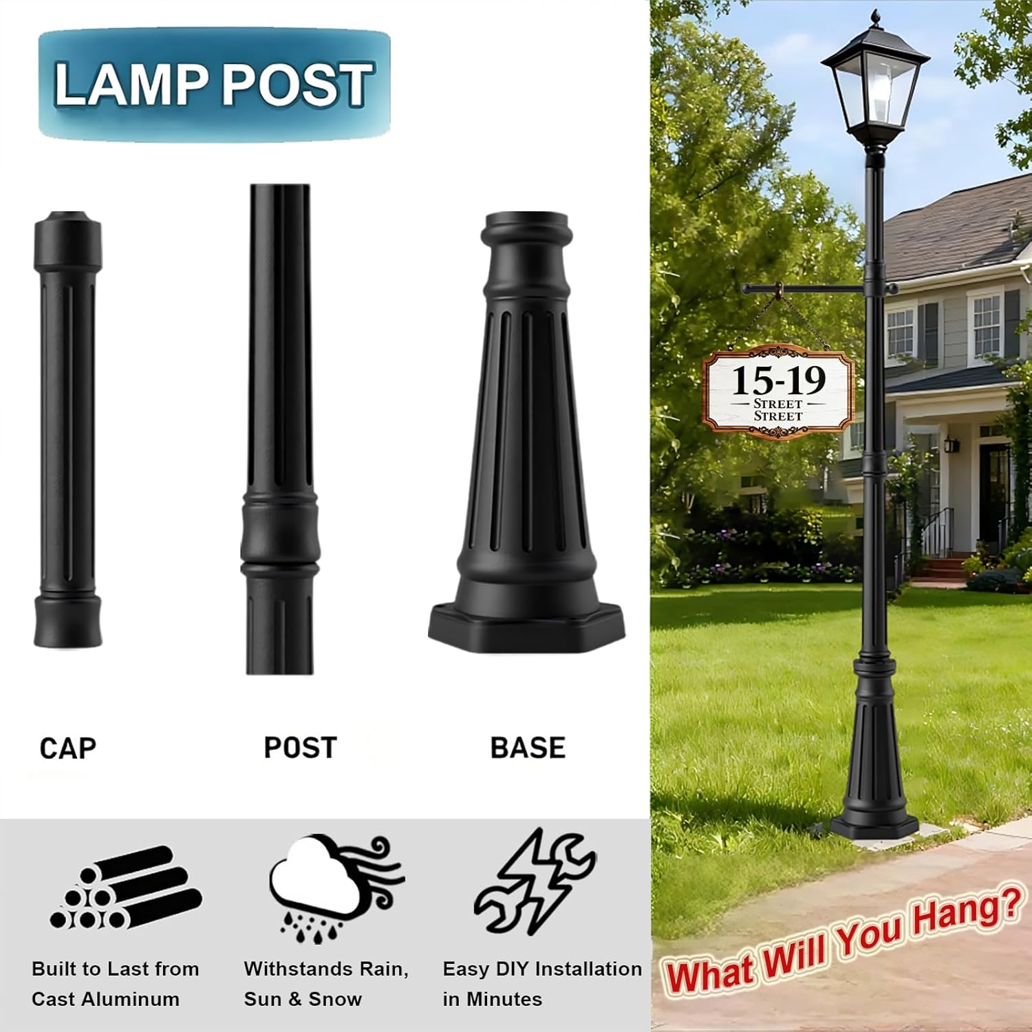 Universal Outdoor Post Light Pole with Hanging Arm, Black Cast Aluminum Pole with 2.36" Fitter Mount, 76in Tall Traditional Street Light Lamp Post for Pathway Driveway Parking Yard Lighting