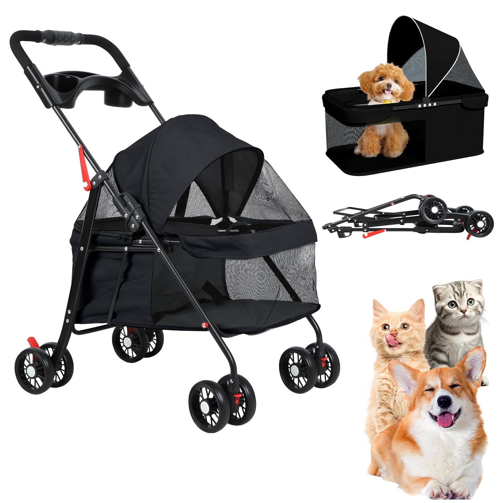 toilmua Folding Pet Stroller 4 Lockable Wheels Dog Stroller, Portable Pet Strolling Cart with Cup Holder Breathable Mesh for Small Dogs Cats Black