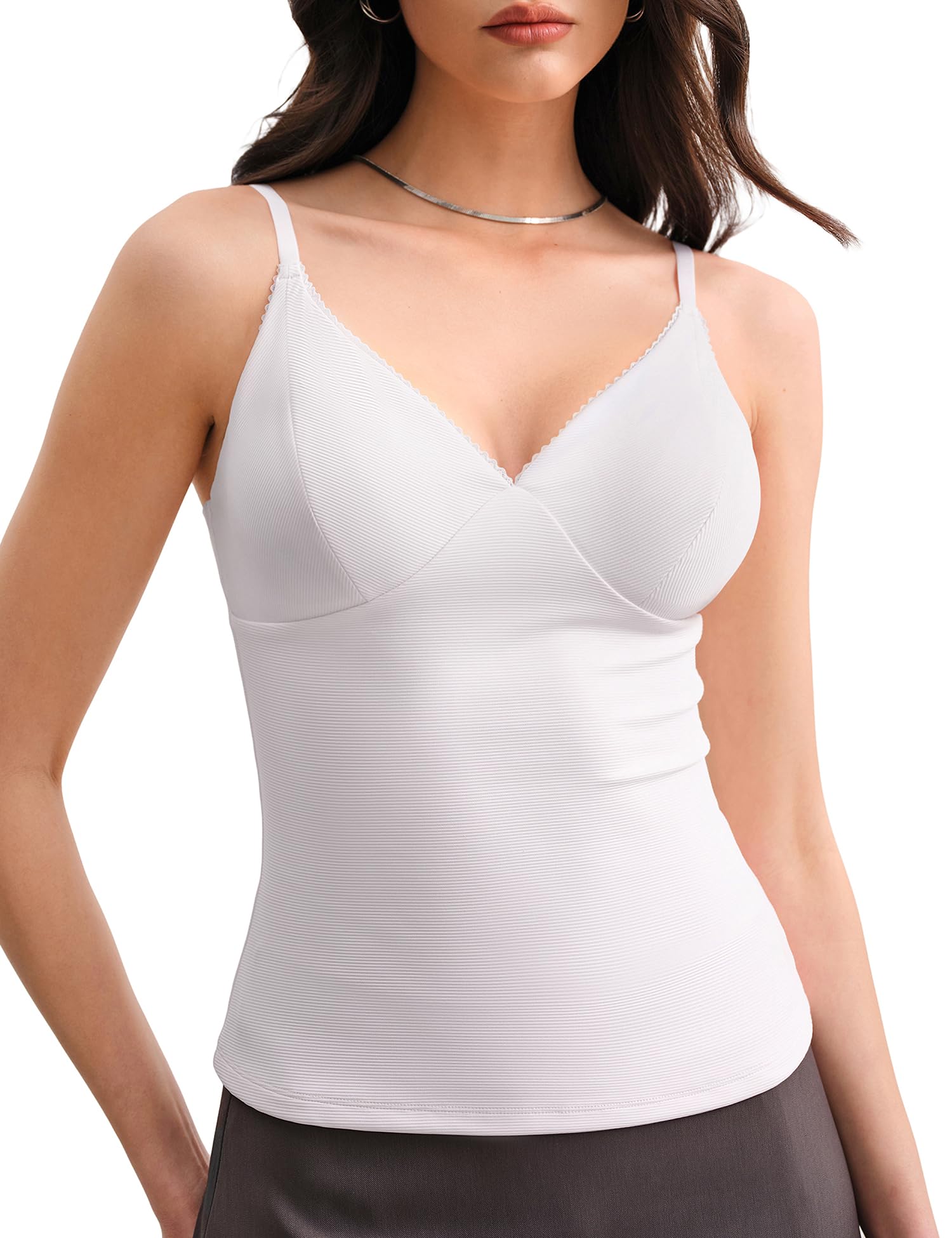 Going Out Tops for Women White Camisole Tank Tops with Built in Bras Trendy Cute Sleeveless Summer Double Lined Cami Top