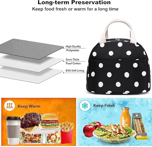 Miniatura 4 de Lonchera para niñas y mujeres, reutilizable, aislada, para la escuela, el trabajo, picnic (lunares)