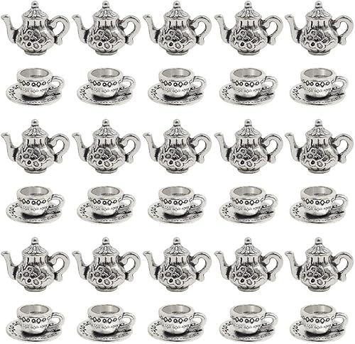 JKJF 30 dijes de metal para tetera, taza de té, mini colgantes de taza de café, dijes vintage para tetera, colgante a granel para manualidades,