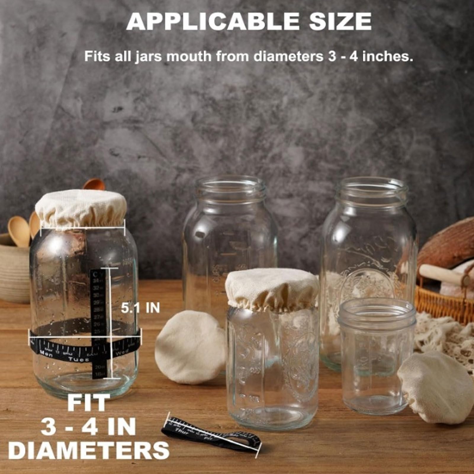 6Pcs Sourdough Starter Jar Accessories Kit, Reusable Sourdough Bread Proofing Starter Jar Cloth Covers with Date Marked Feeding Band for Jars with 3 to 4 Inch Diameter