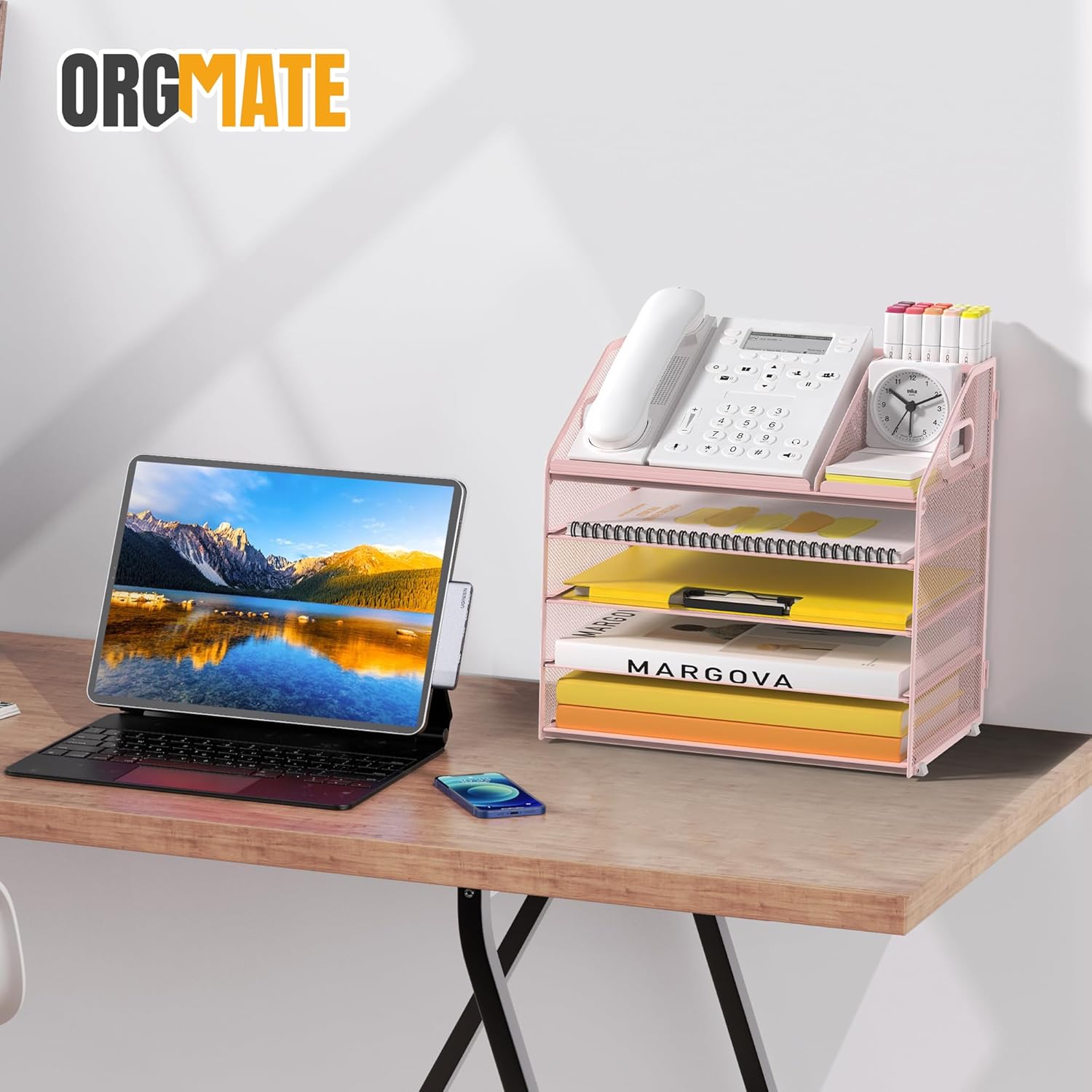 Letter Tray Paper, 5 Tier Desk Organizer with Pen Holder and Handle, Mesh File Organizer Paper Sorter Metal Desktop Document Shelf for Office Home Classroom - Pink