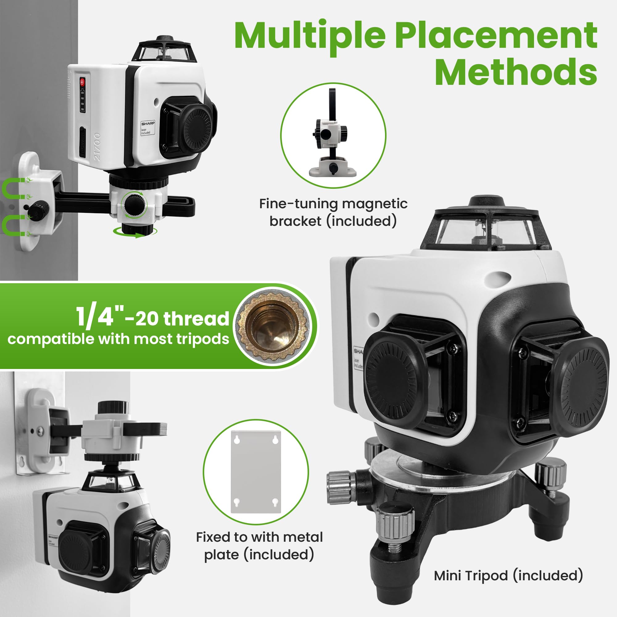 Laser Level 360 Self Leveling, 3x360° 3D Green Line Laser Level for Picture Hanging, Rechargeable Lazer Level with Type-C Charger, 2 * 6000mAh Batteries, Magnetic Rotating Stand and Hard Case