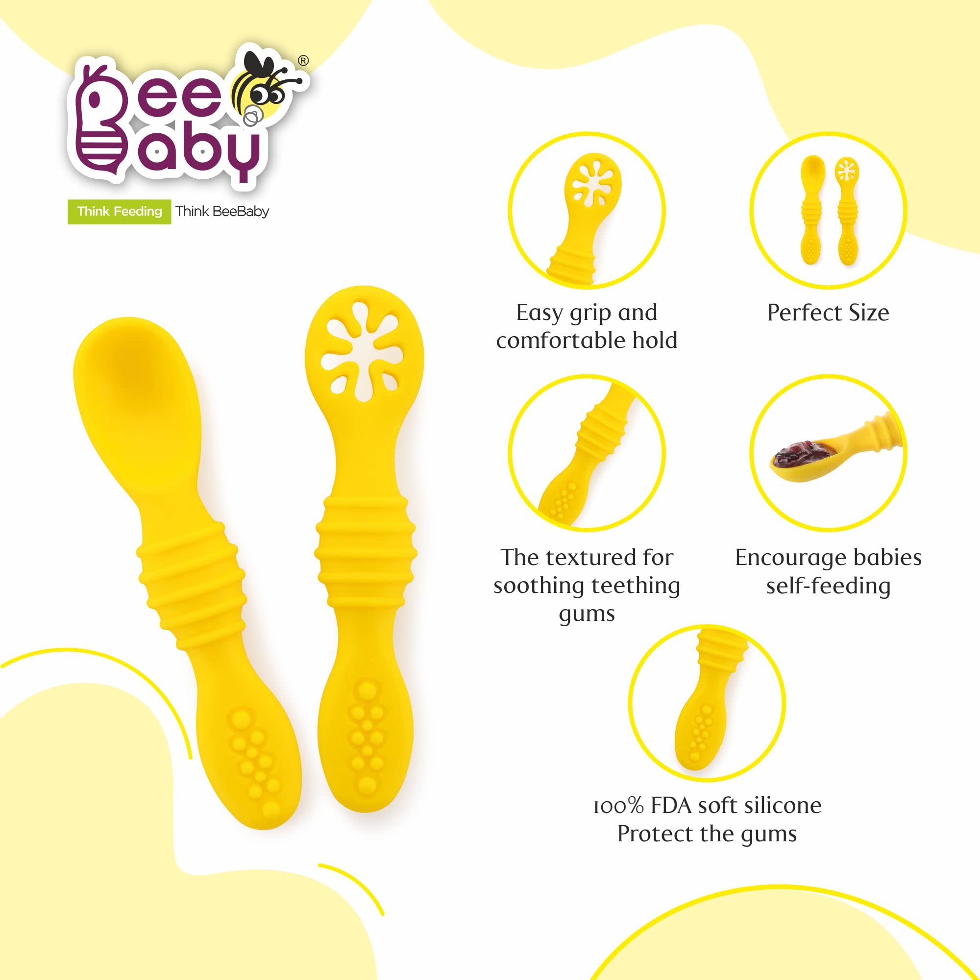 BeeBaby Smushee Silicone Spoon for Baby 6 to 12 Months, Self Feeding Baby Spoon, Soft Silicone Baby Led Weaning Utensils, BPA Free First Stage Weaning Set for Infants, Pack of 2, Yellow 1