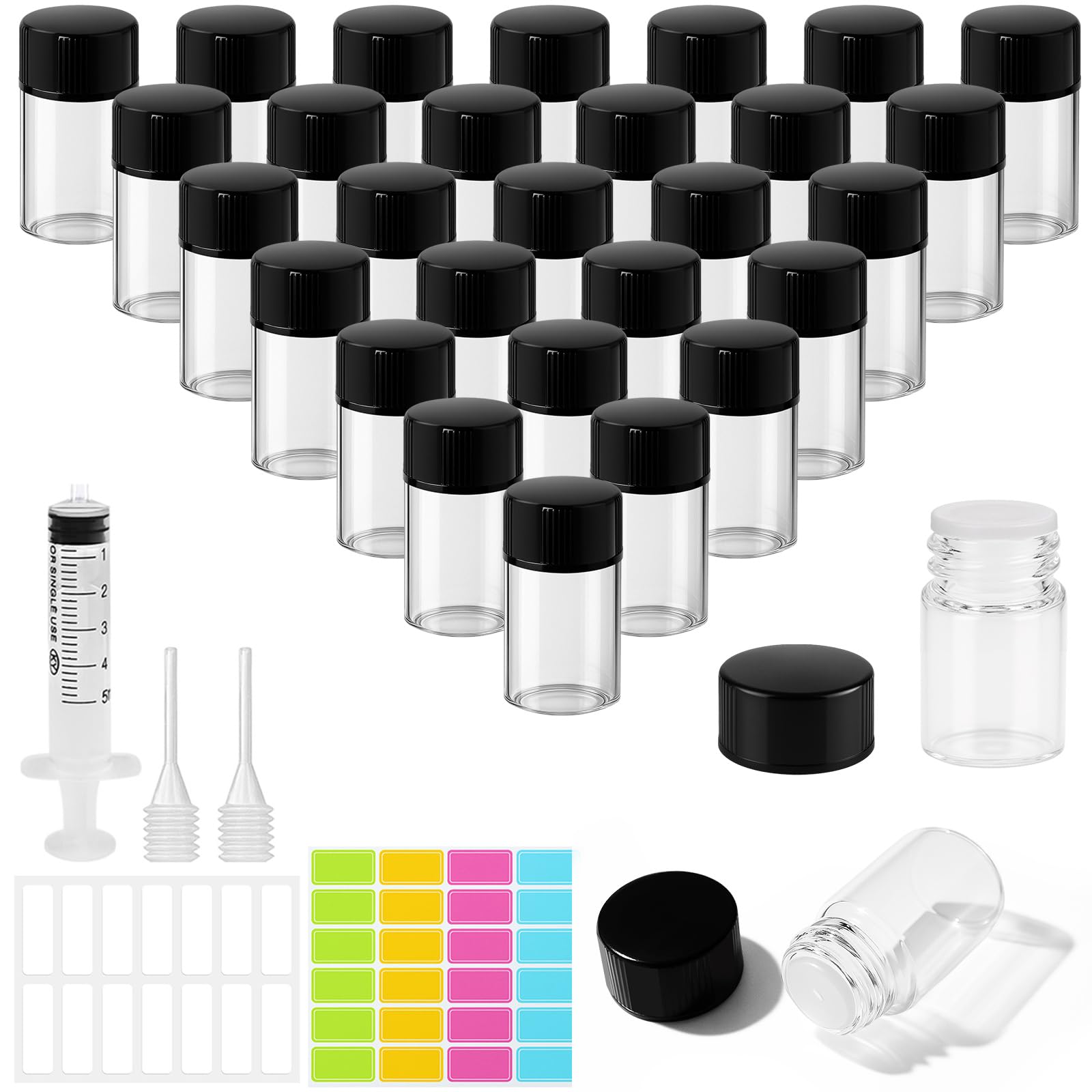30Pcs 2ml Botellas de Muestra de Vidrio, Botellas de Vidrio transparente, Pequeños Recipientes de Aceites Esenciales con Jeringas, Goteros, Etiquetas para Aromaterapia, Perfumes