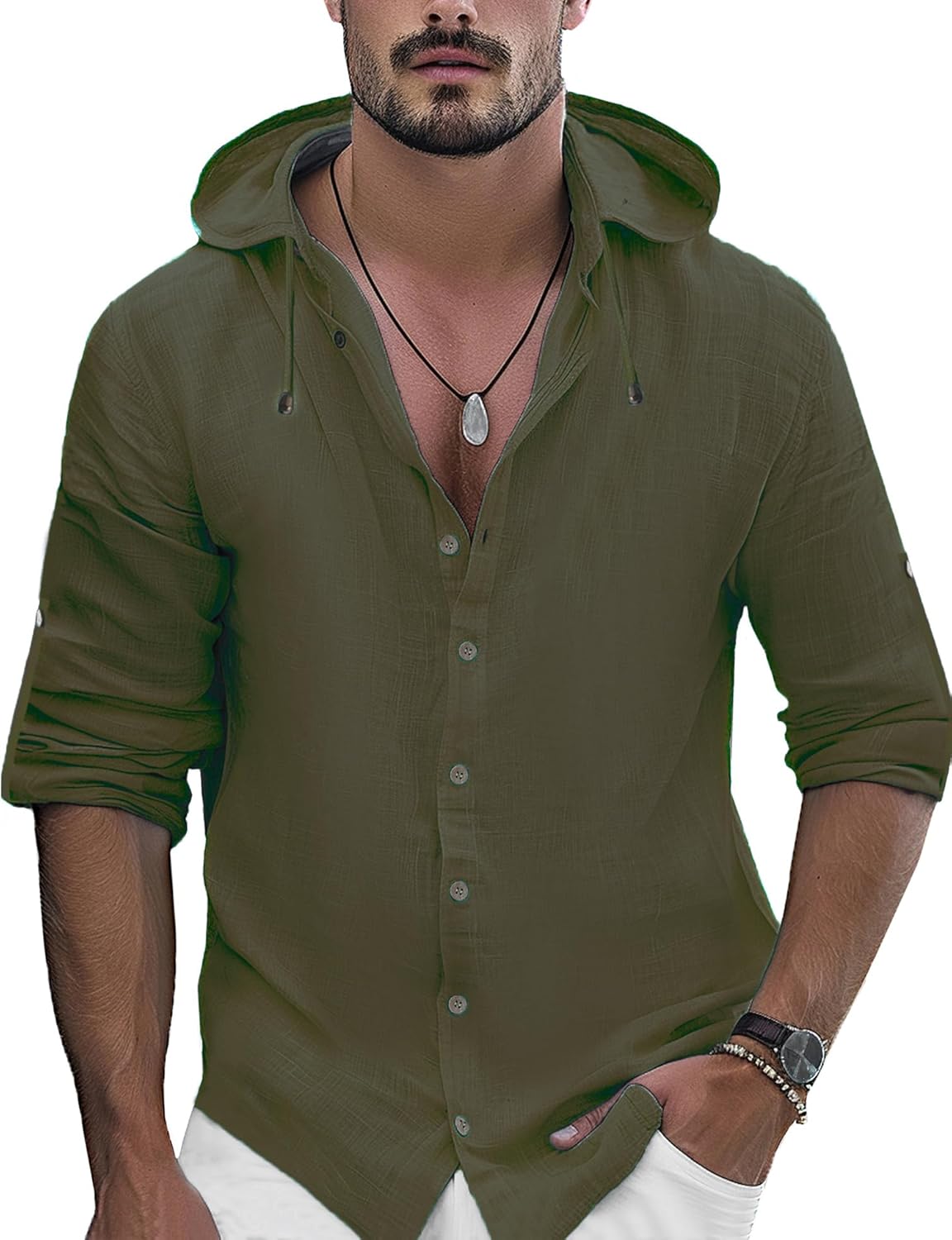 Mens Linen Shirts Casual Button Down Shirts Long Sleeve Roll-Up Sleeve Summer Beach Shirts Tops with Hood