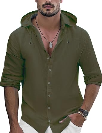Mens Linen Button Down Shirts Long Sleeve Summer Beach Hoodies