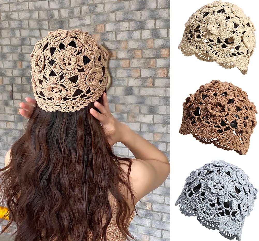 KEKY Gorro de ganchillo suave para mujer, beige, calavera